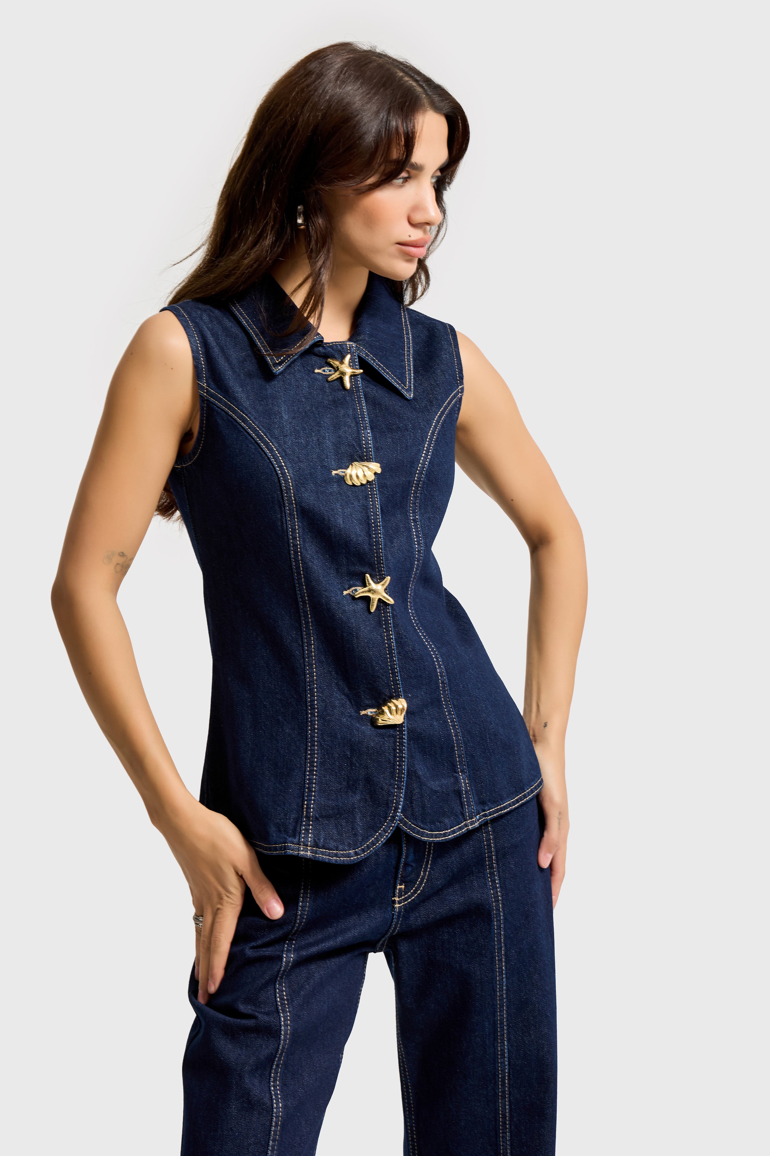 Kadın İndigo Renk 7s6-50 Önü Tasarım Düğmeli Denim Sıfır Kol Yelek