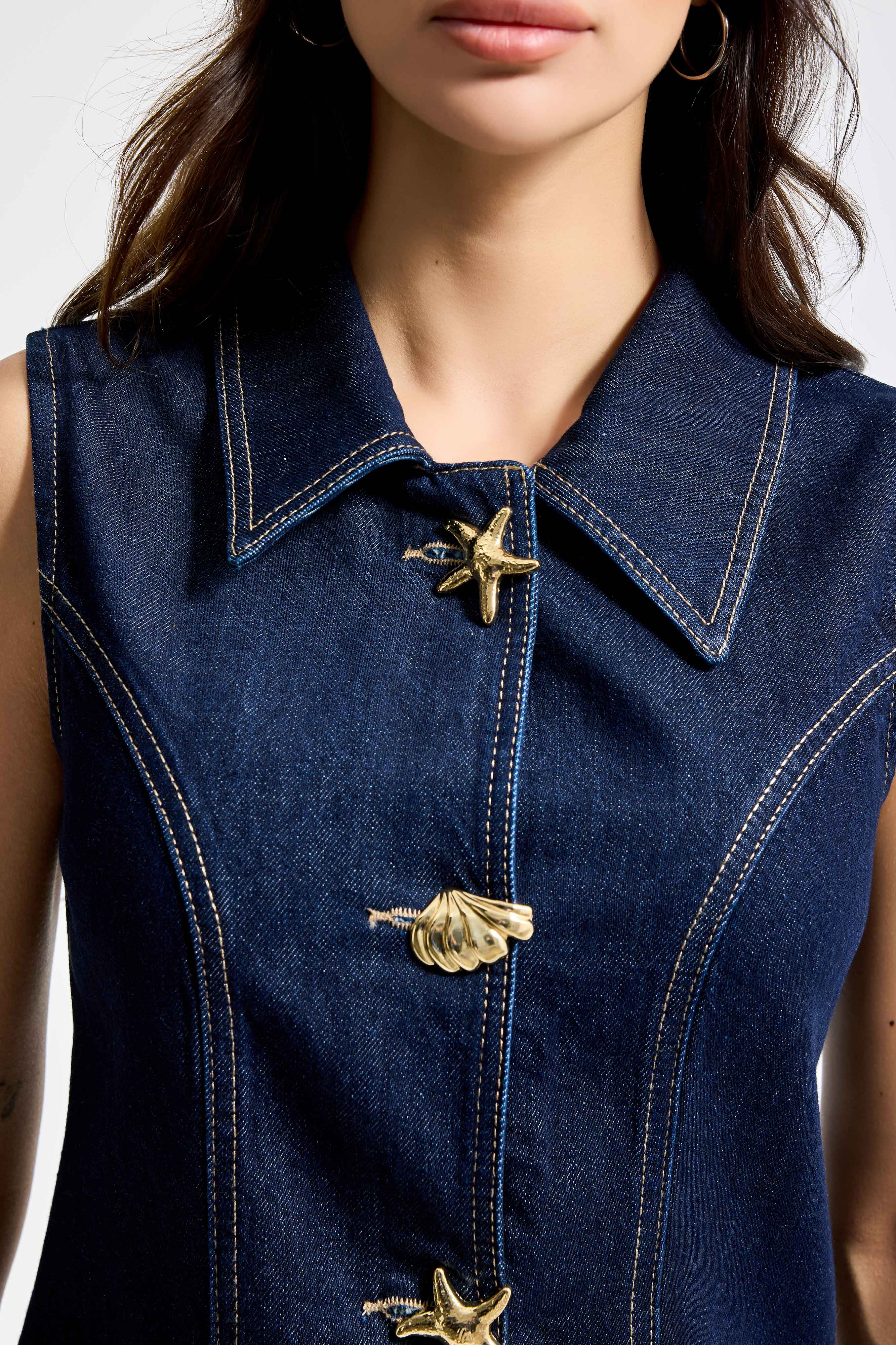 Kadın İndigo Renk 7s6-50 Önü Tasarım Düğmeli Denim Sıfır Kol Yelek