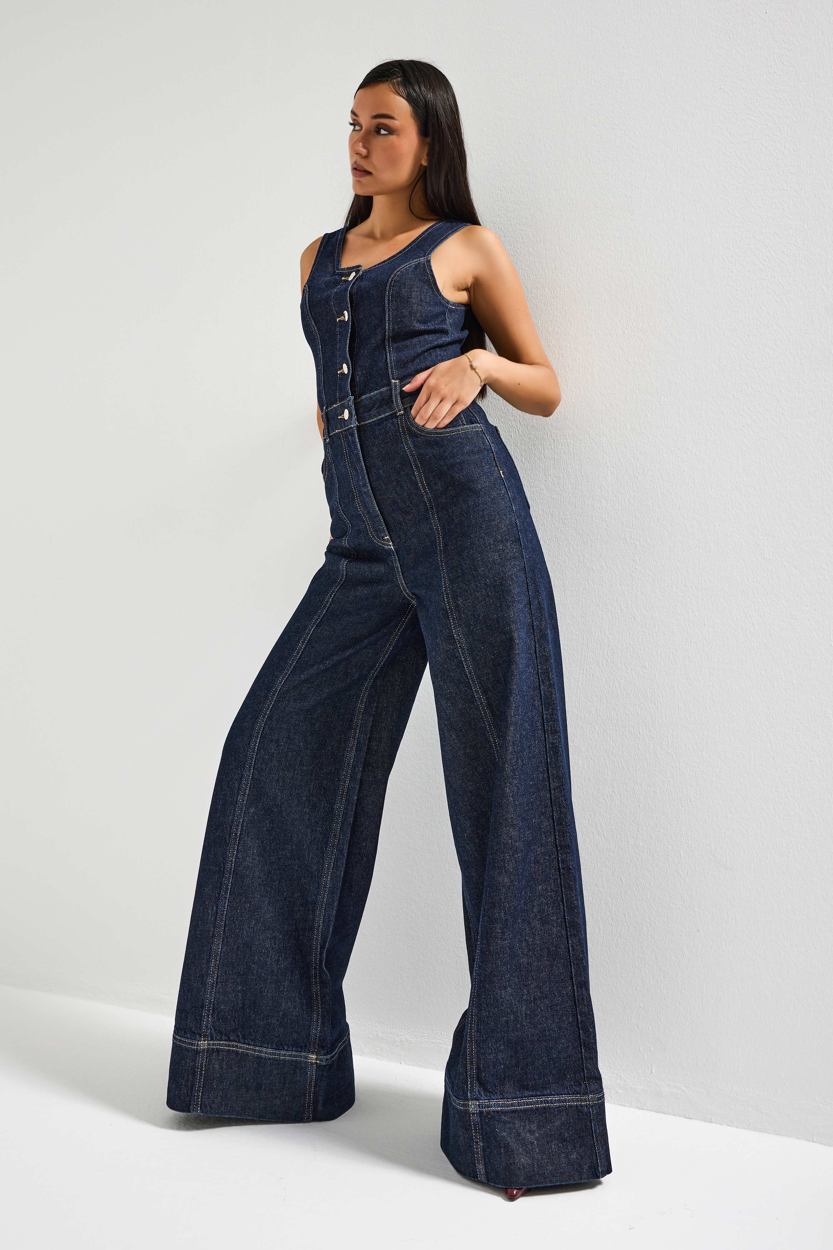 Kadın İndigo Renk 7S6-50 Palazzo Fit %100 Koton Denim Slopet Tulum