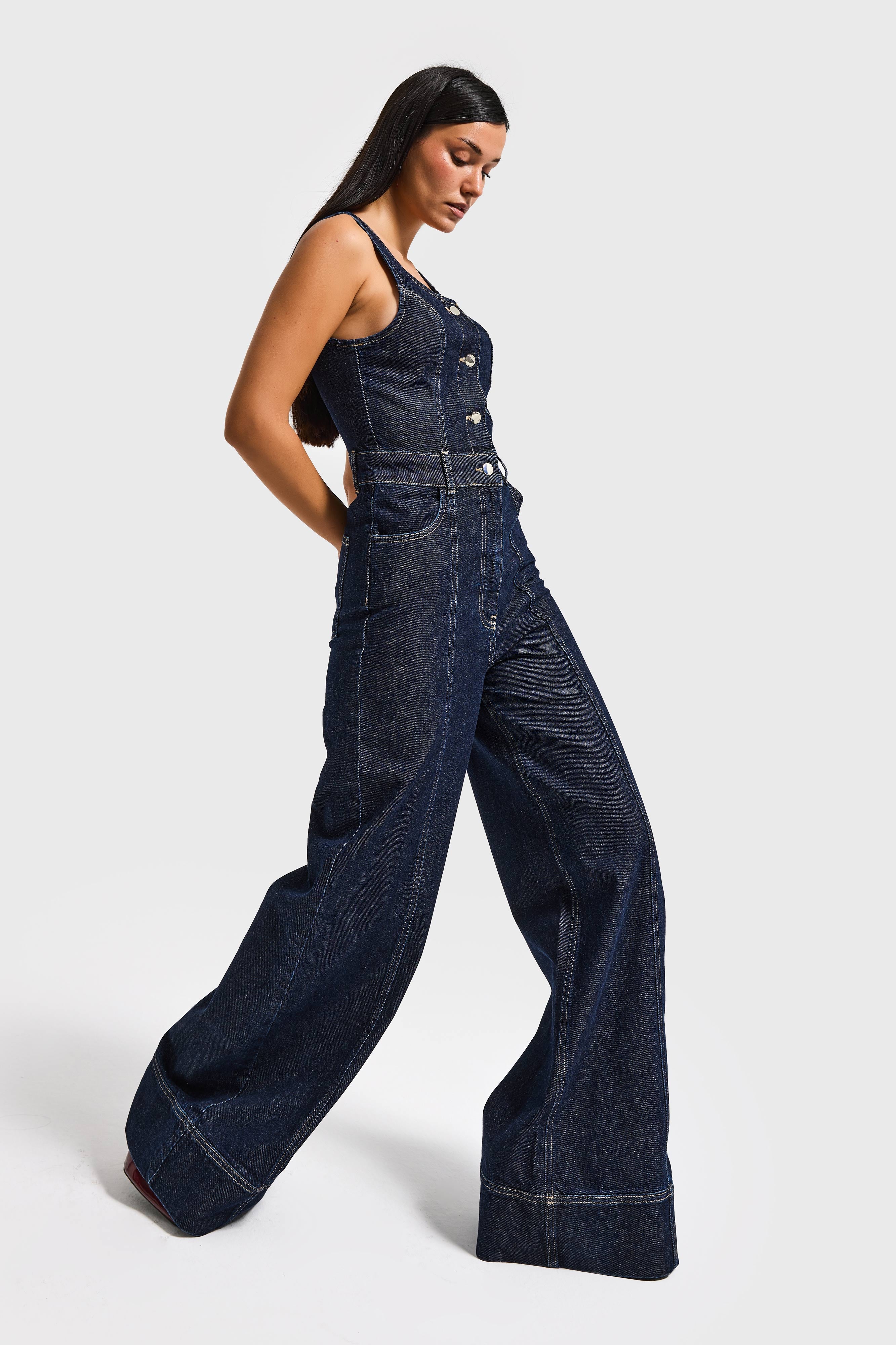 Kadın İndigo Renk 7S6-50 Palazzo Fit %100 Koton Denim Slopet Tulum