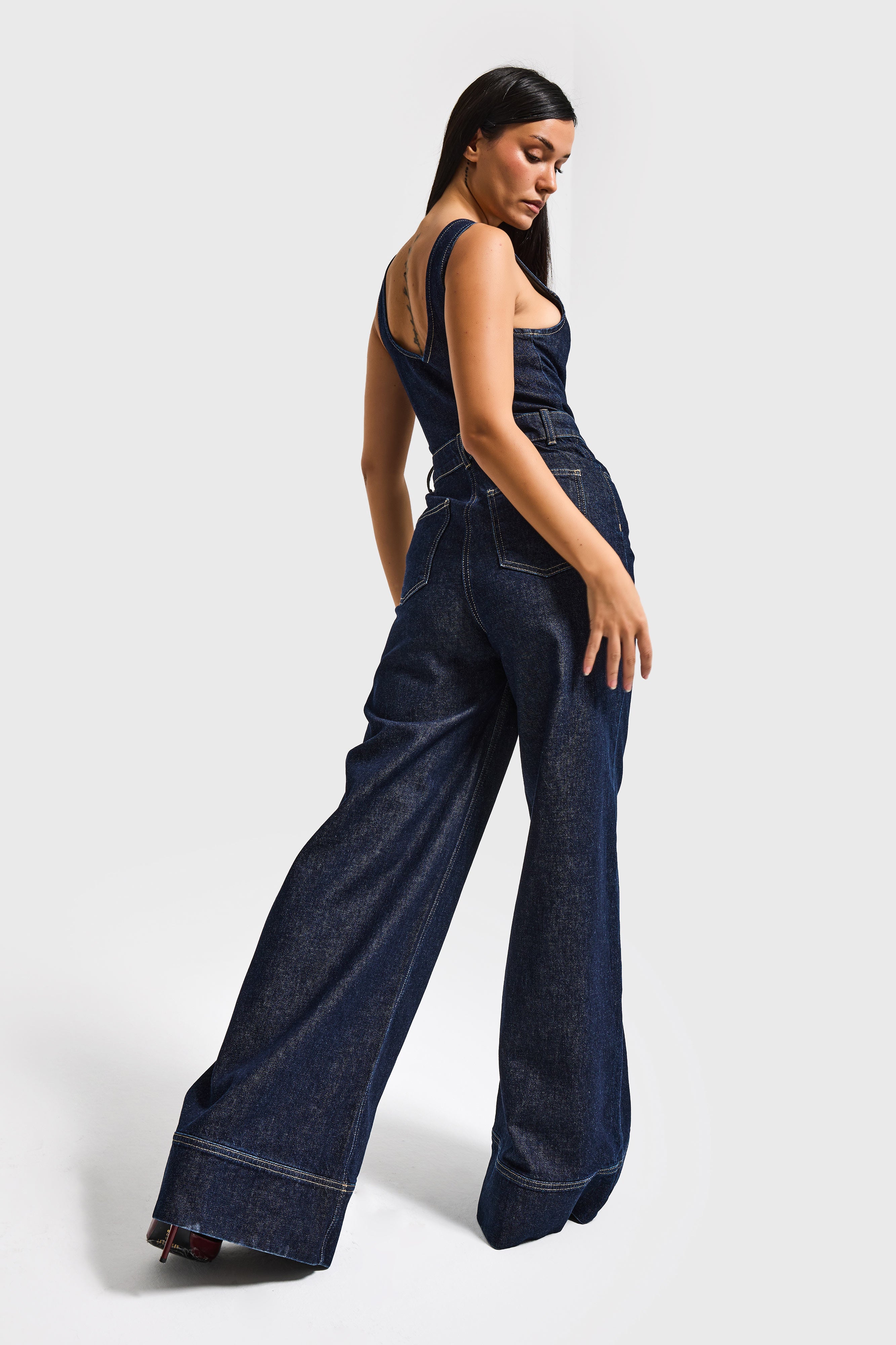 Kadın İndigo Renk 7S6-50 Palazzo Fit %100 Koton Denim Slopet Tulum