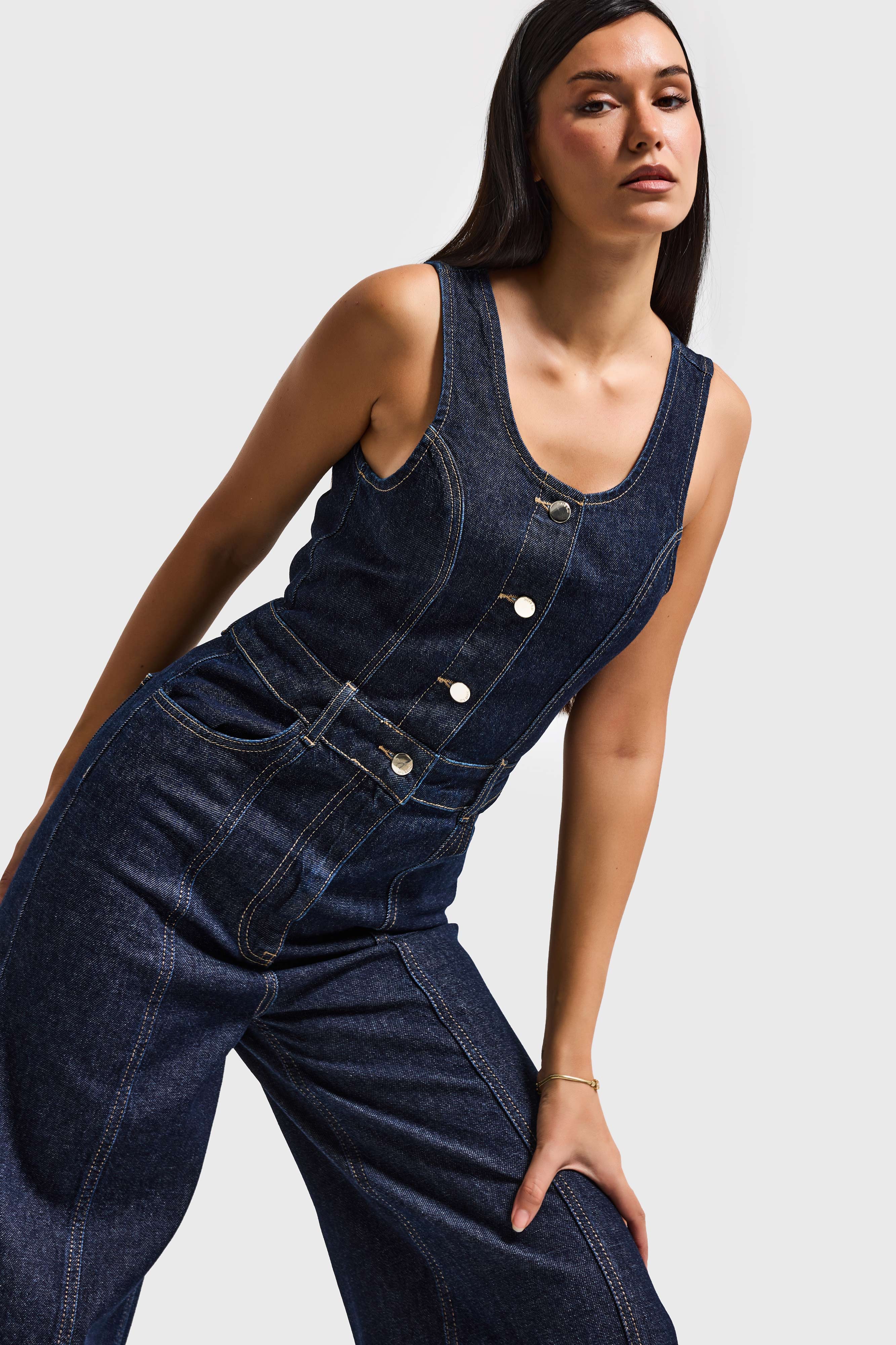 Kadın İndigo Renk 7S6-50 Palazzo Fit %100 Koton Denim Slopet Tulum