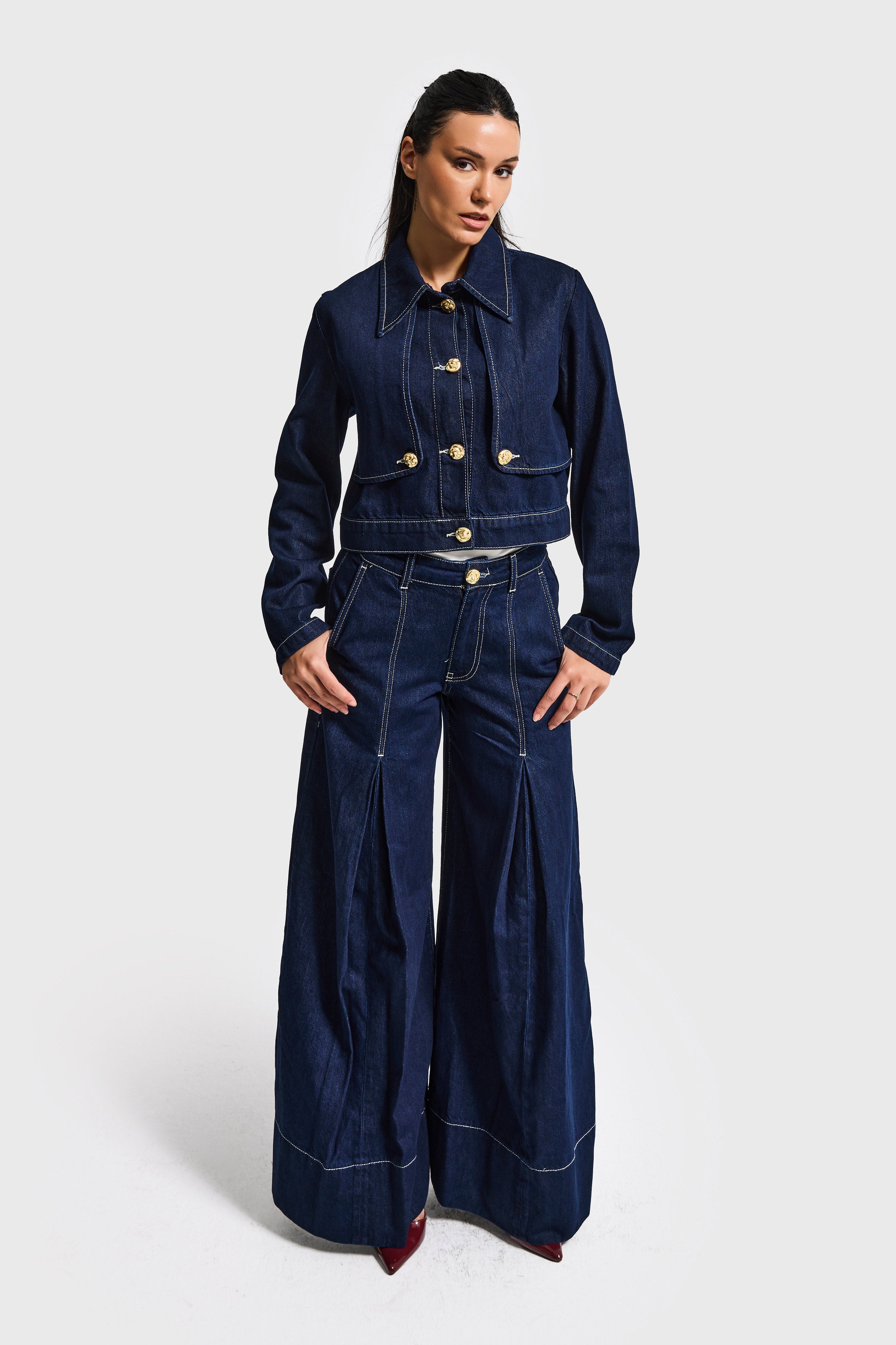 Kadın İndigo Renk 7s6-50 Süper Palazzo Fit Paça Detaylı Denim Jean