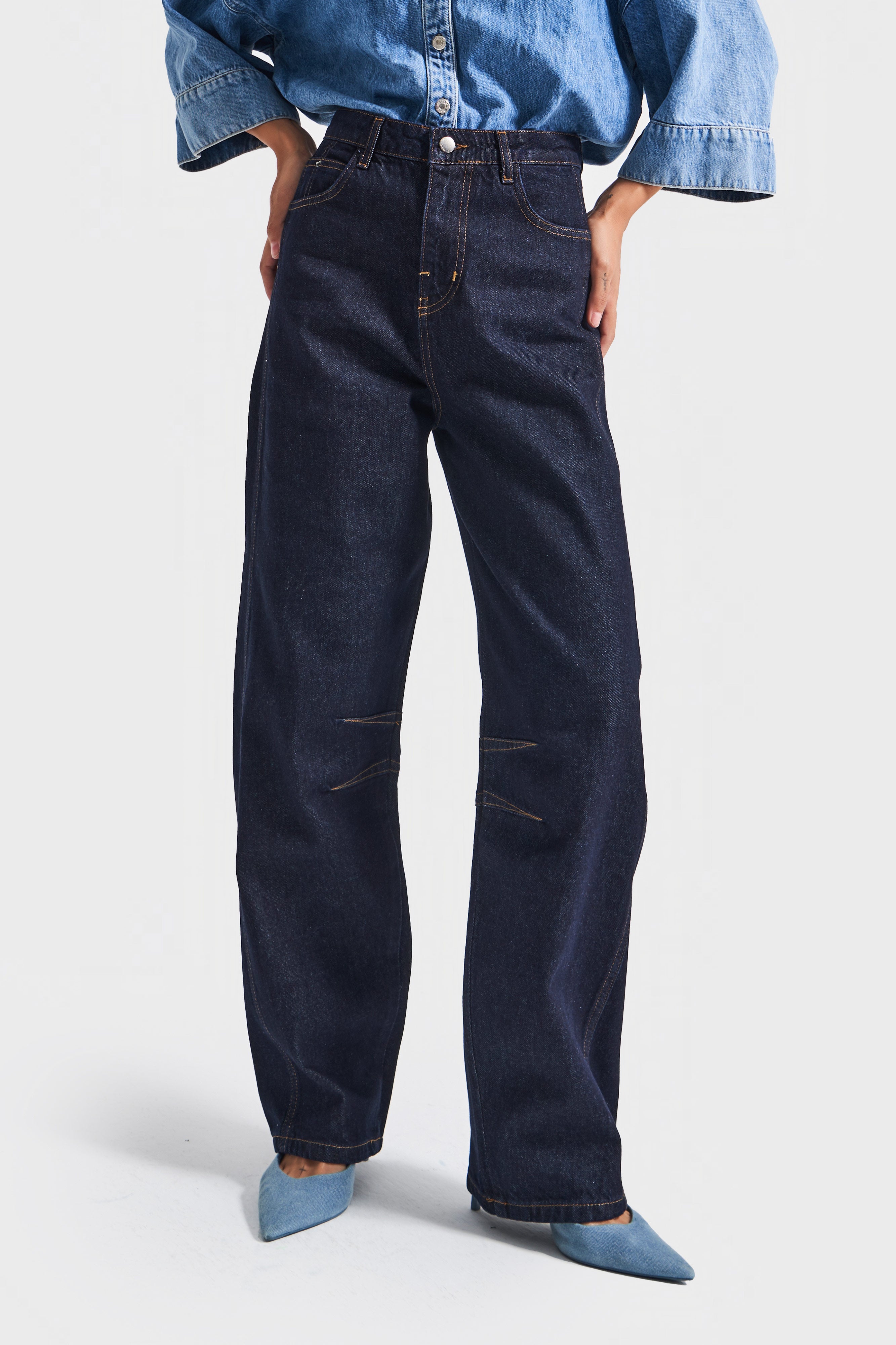 Kadın İndigo Renk 7w5-50 Baggy Fit %100 Koton Bol Kesim İç Boy 83cm Denim Jean