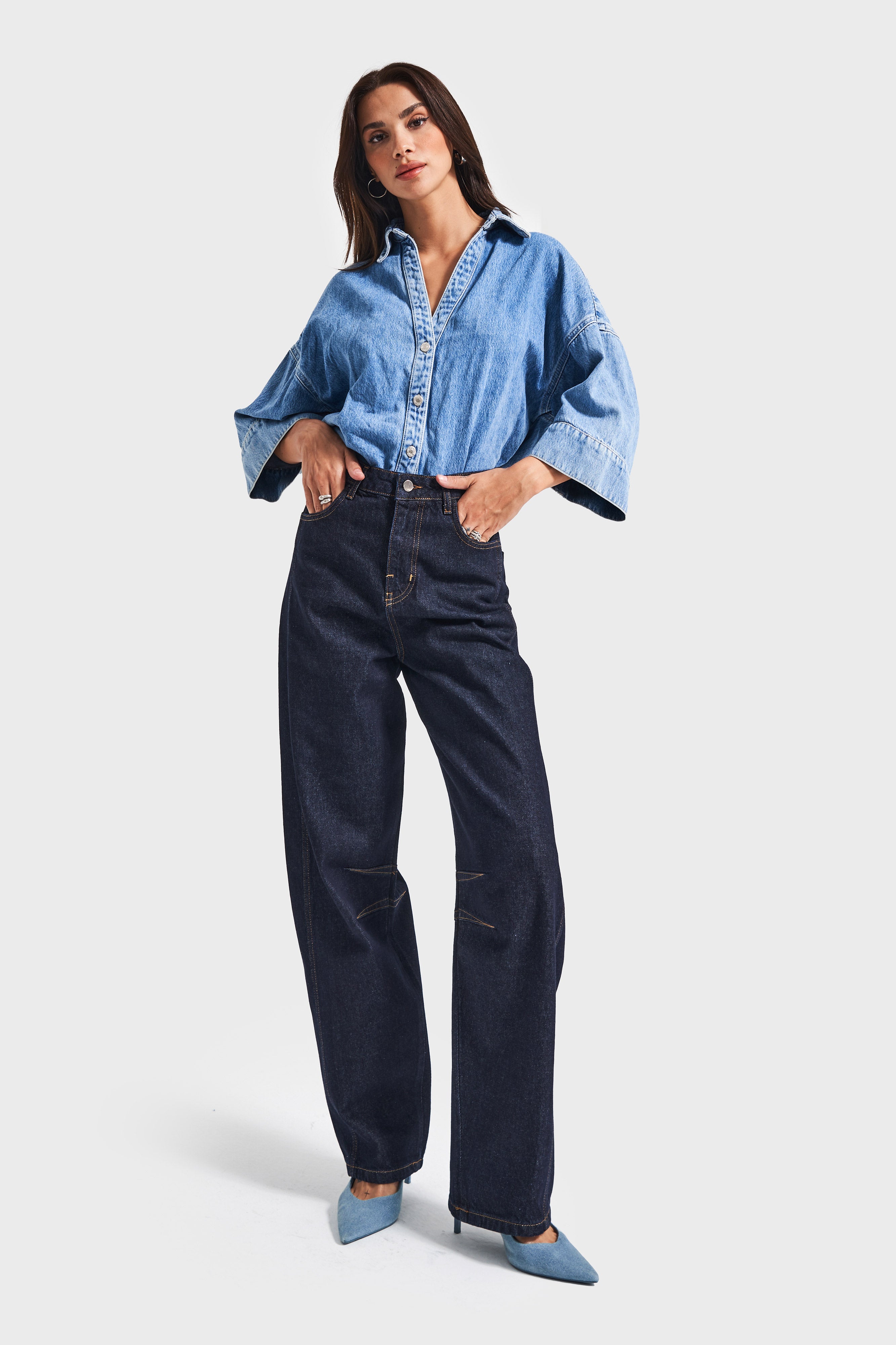 Kadın İndigo Renk 7w5-50 Baggy Fit %100 Koton Bol Kesim İç Boy 83cm Denim Jean