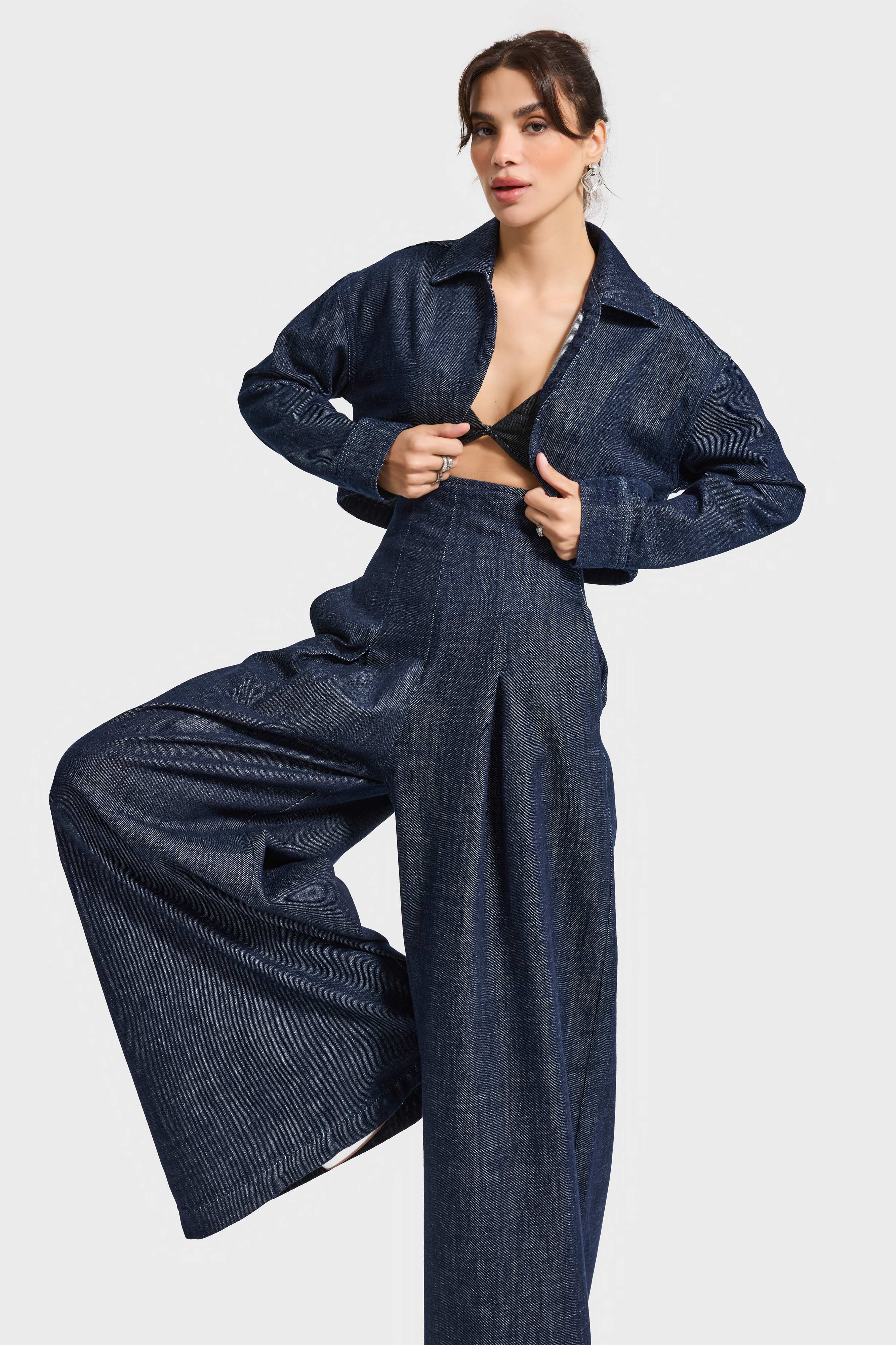 Kadın İndigo Renk 7w5-50 Crop Fit %100 Koton Denim Ceket