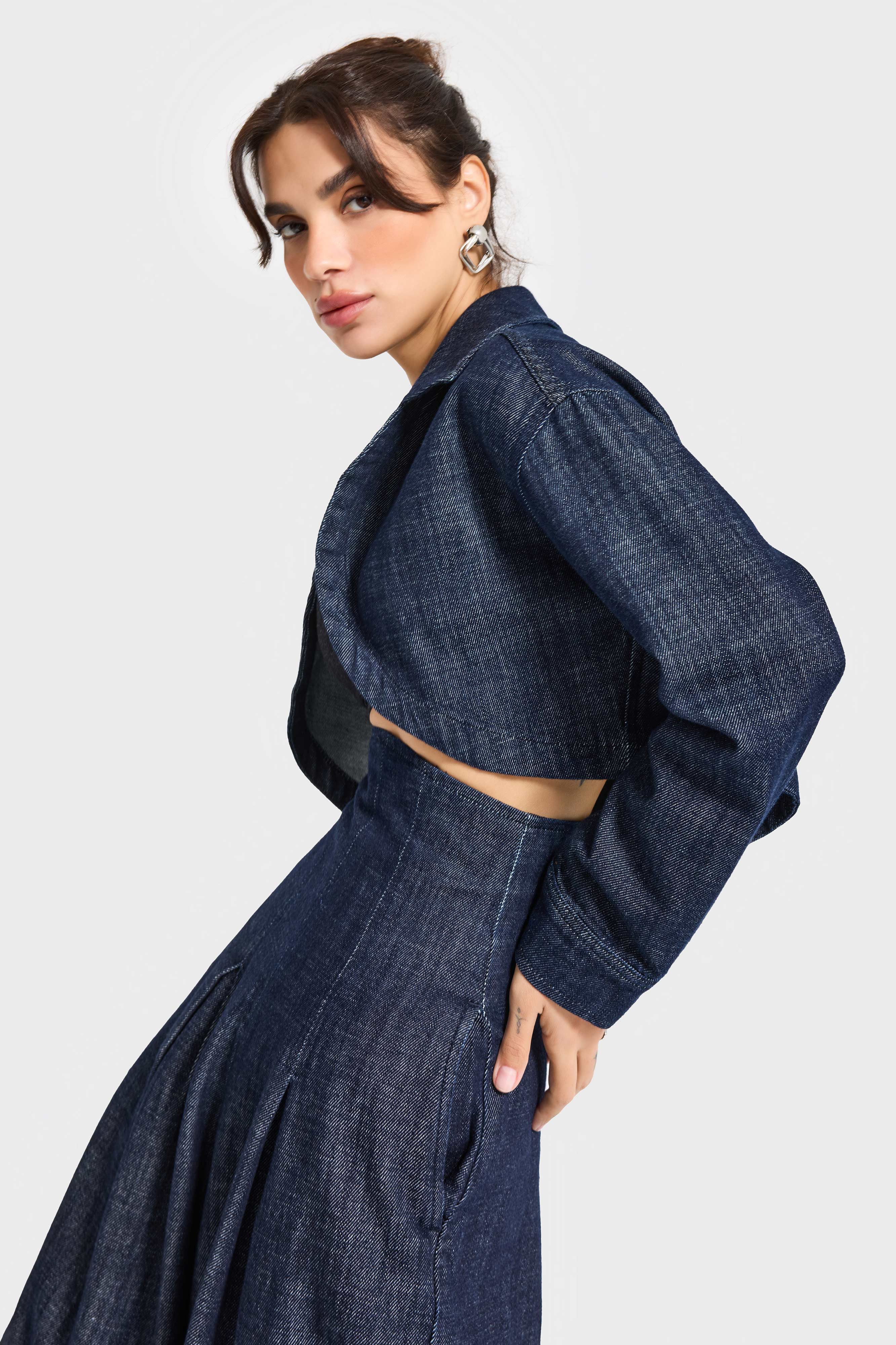 Kadın İndigo Renk 7w5-50 Crop Fit %100 Koton Denim Ceket