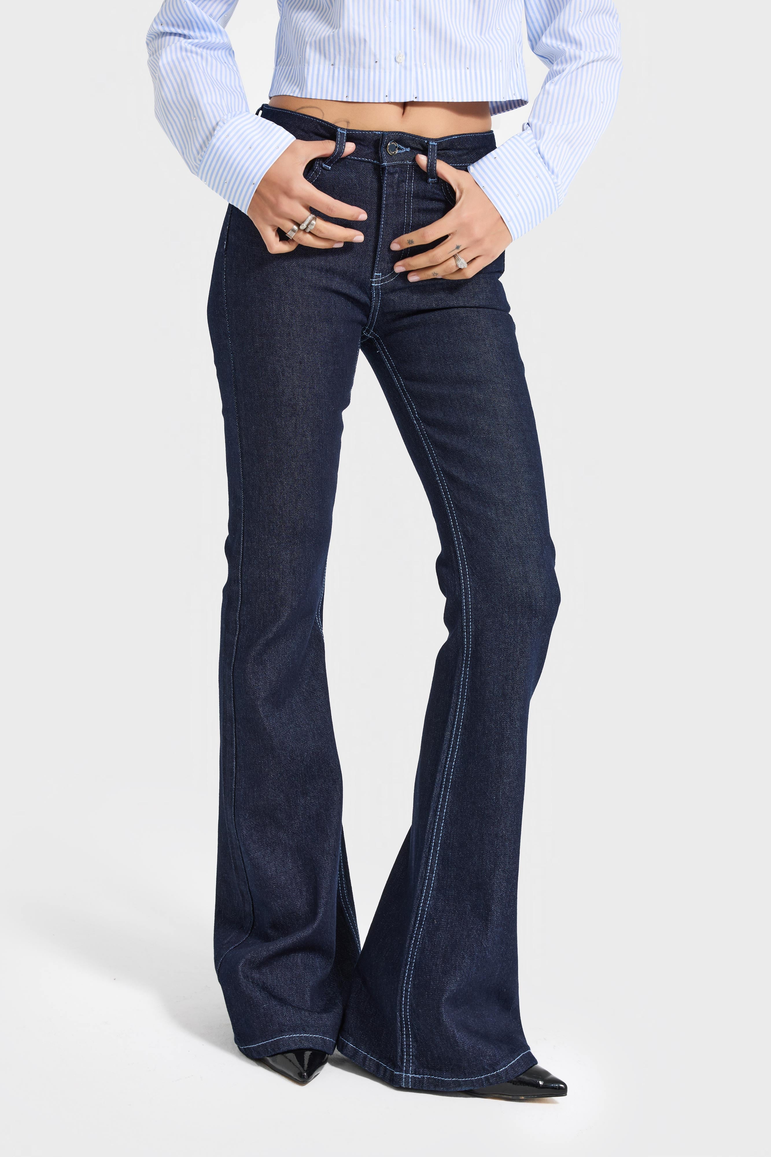 Kadın İndigo Renk 7w5-50 Flare Fit Viskon Elastan Kumaş Denim Jean