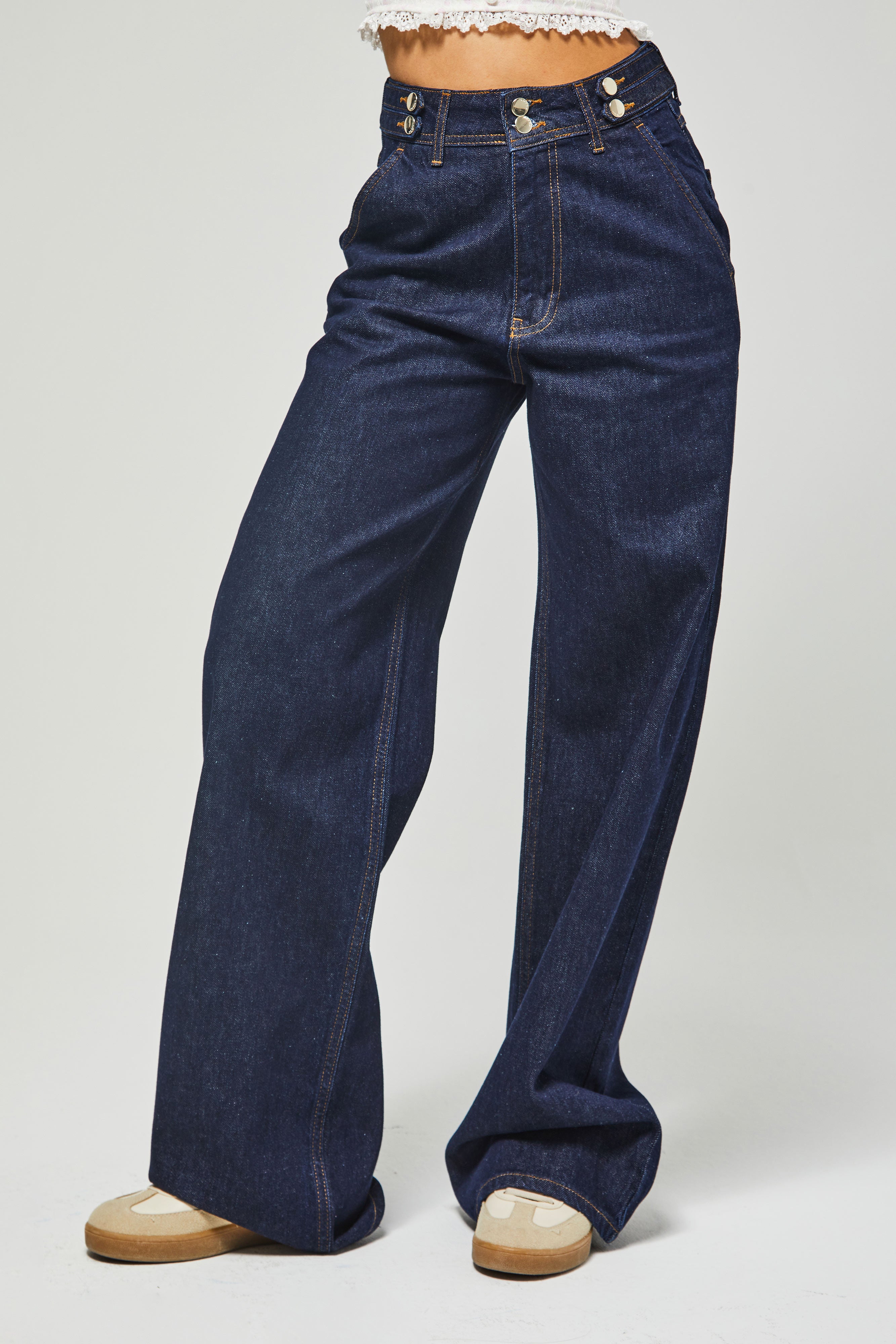 Kadın İndigo Renk 7w5-50 Kemer Detaylı Wide Leg Fit %100 Koton Denim Jean