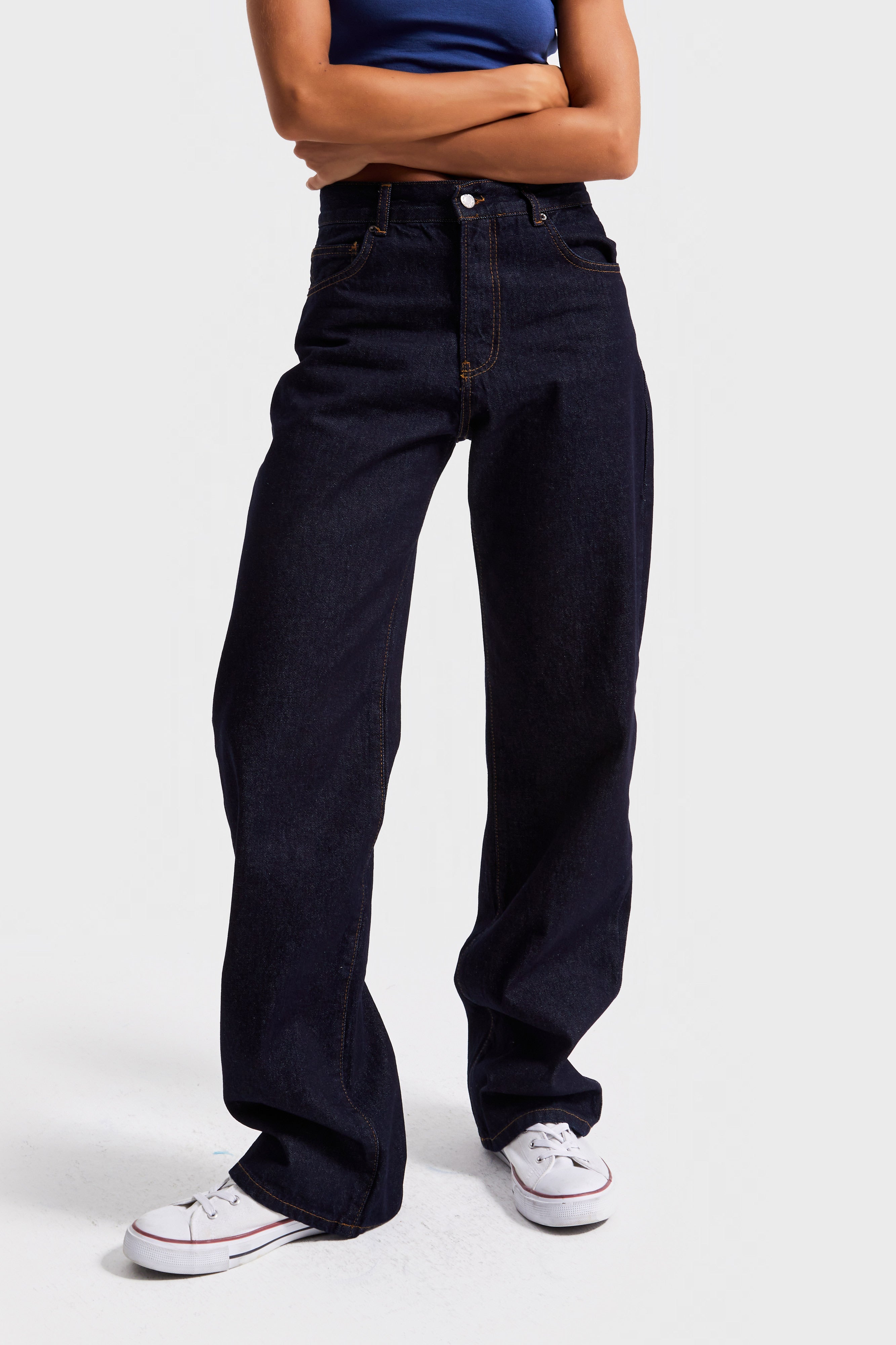 Kadın İndigo Renk 7w5-50 Loose Fit Orta Bel İç Boy 80cm %100 koton Denim Jean