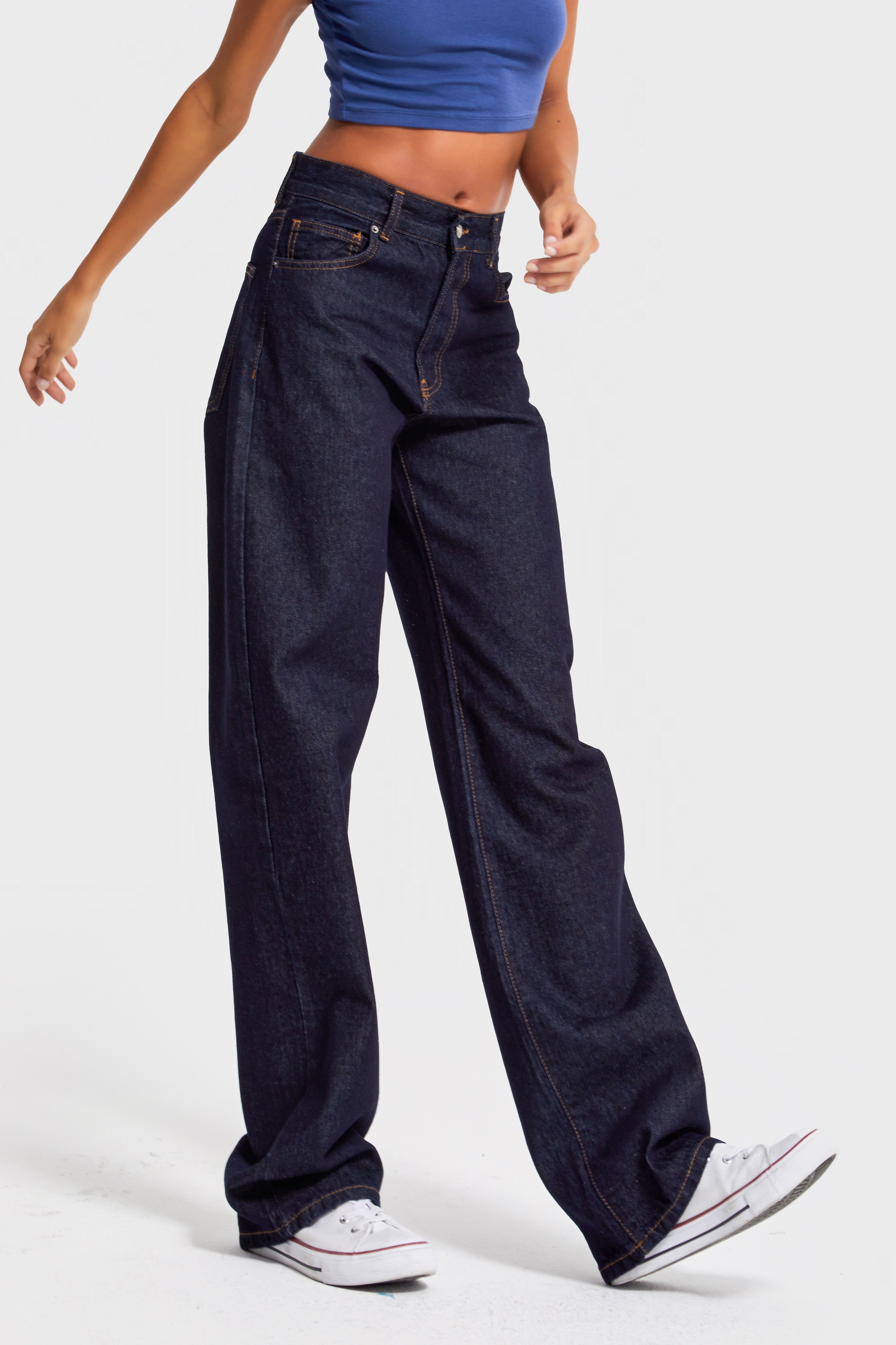 Kadın İndigo Renk 7w5-50 Loose Fit Orta Bel İç Boy 80cm %100 koton Denim Jean