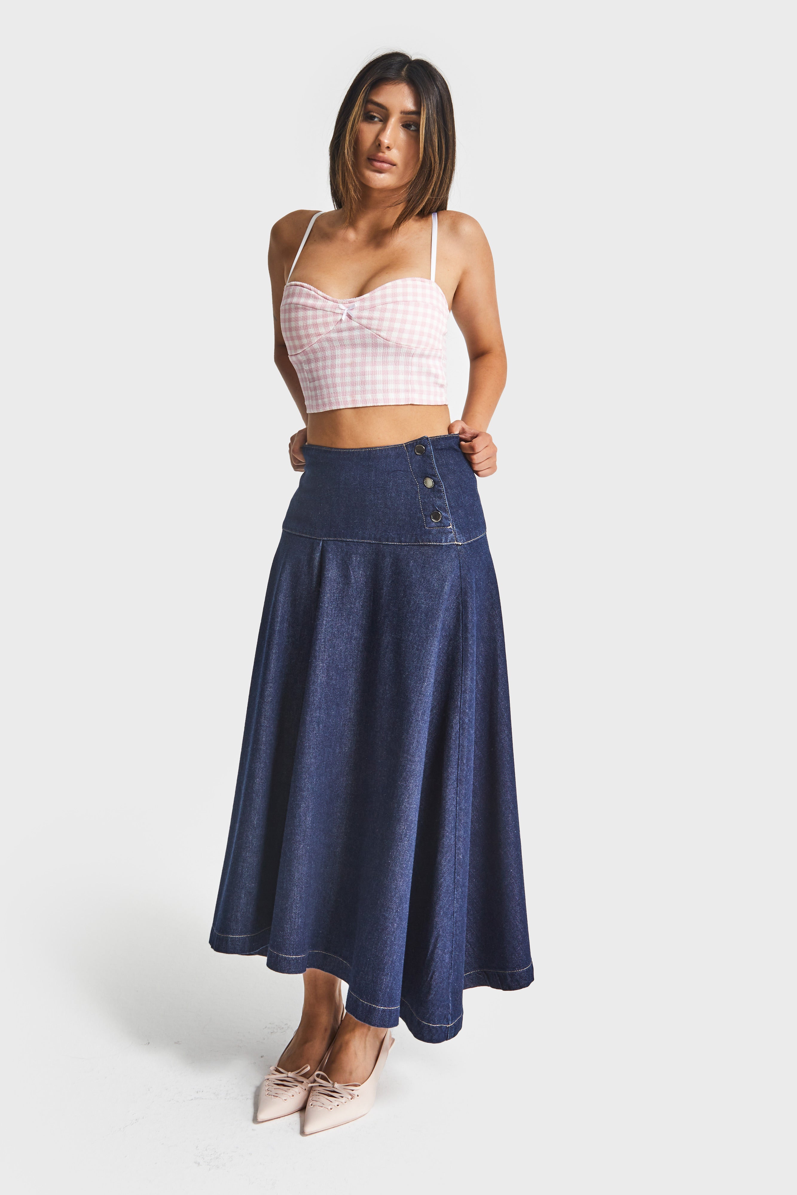Indigokleurige damesrok in de kleur 7w5-50 met maxi-lengte en bell cut A-stijl, 100% katoenen denimrok