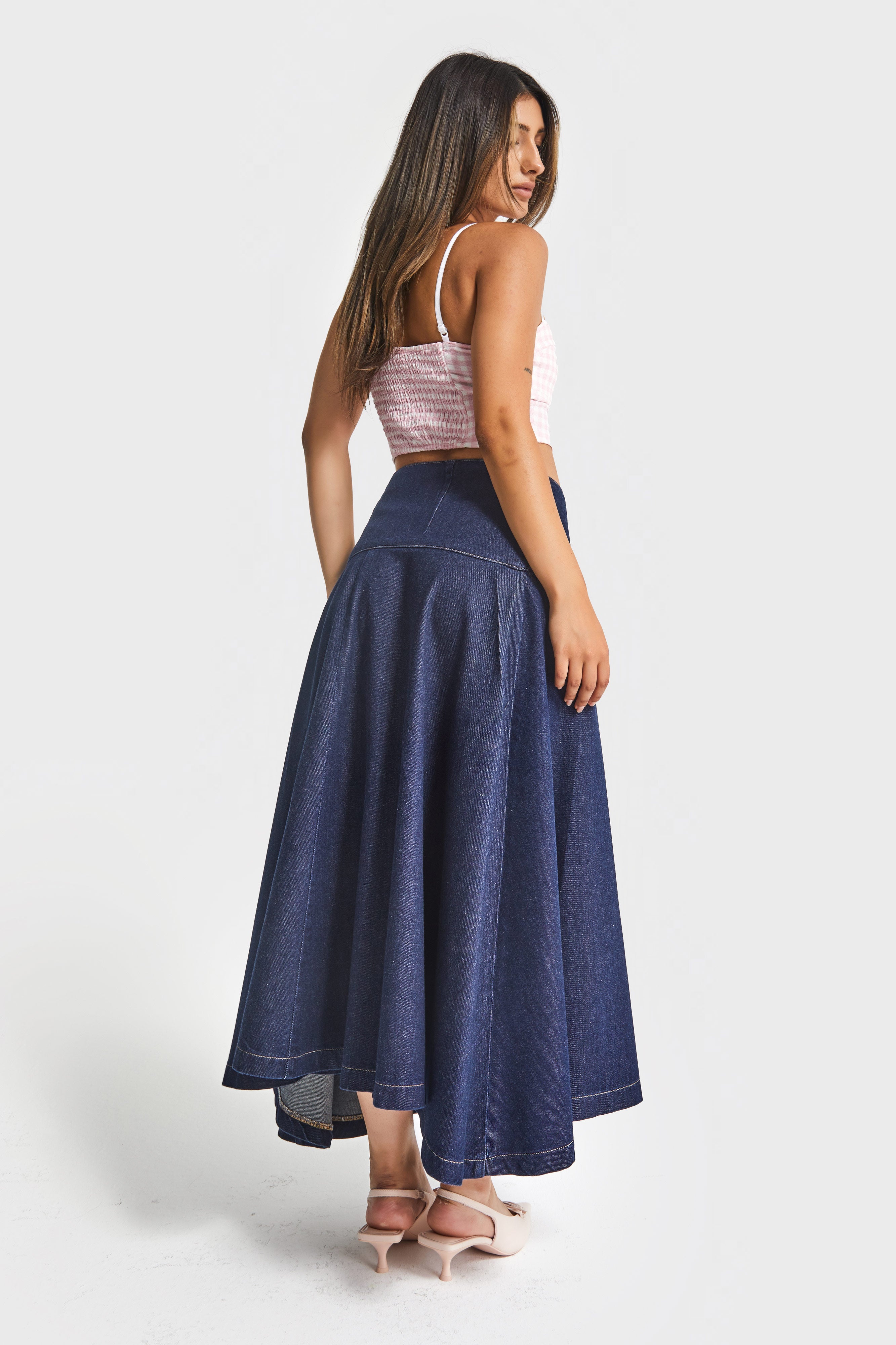 Indigokleurige damesrok in de kleur 7w5-50 met maxi-lengte en bell cut A-stijl, 100% katoenen denimrok