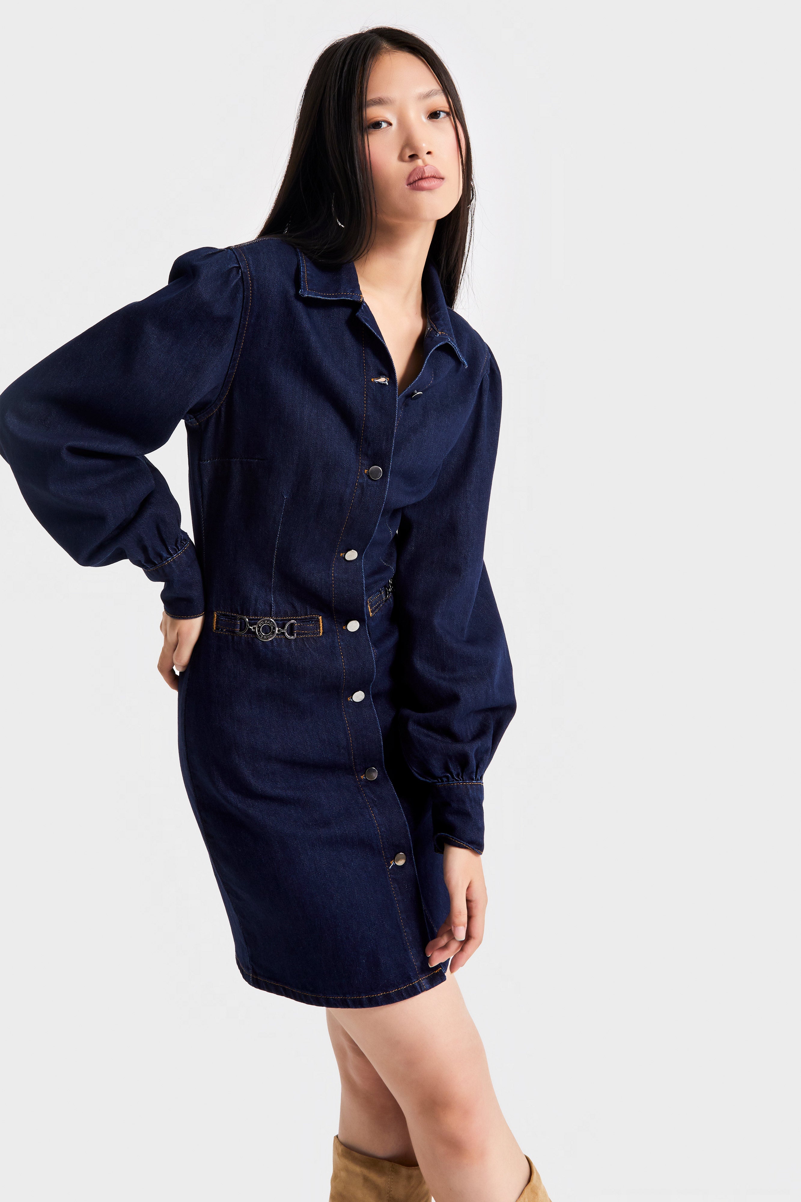 Kadın İndigo Renk 7w5-50 Önü Düğmeli Kemer Detaylı 86cm Tasarım Denim Elbise
