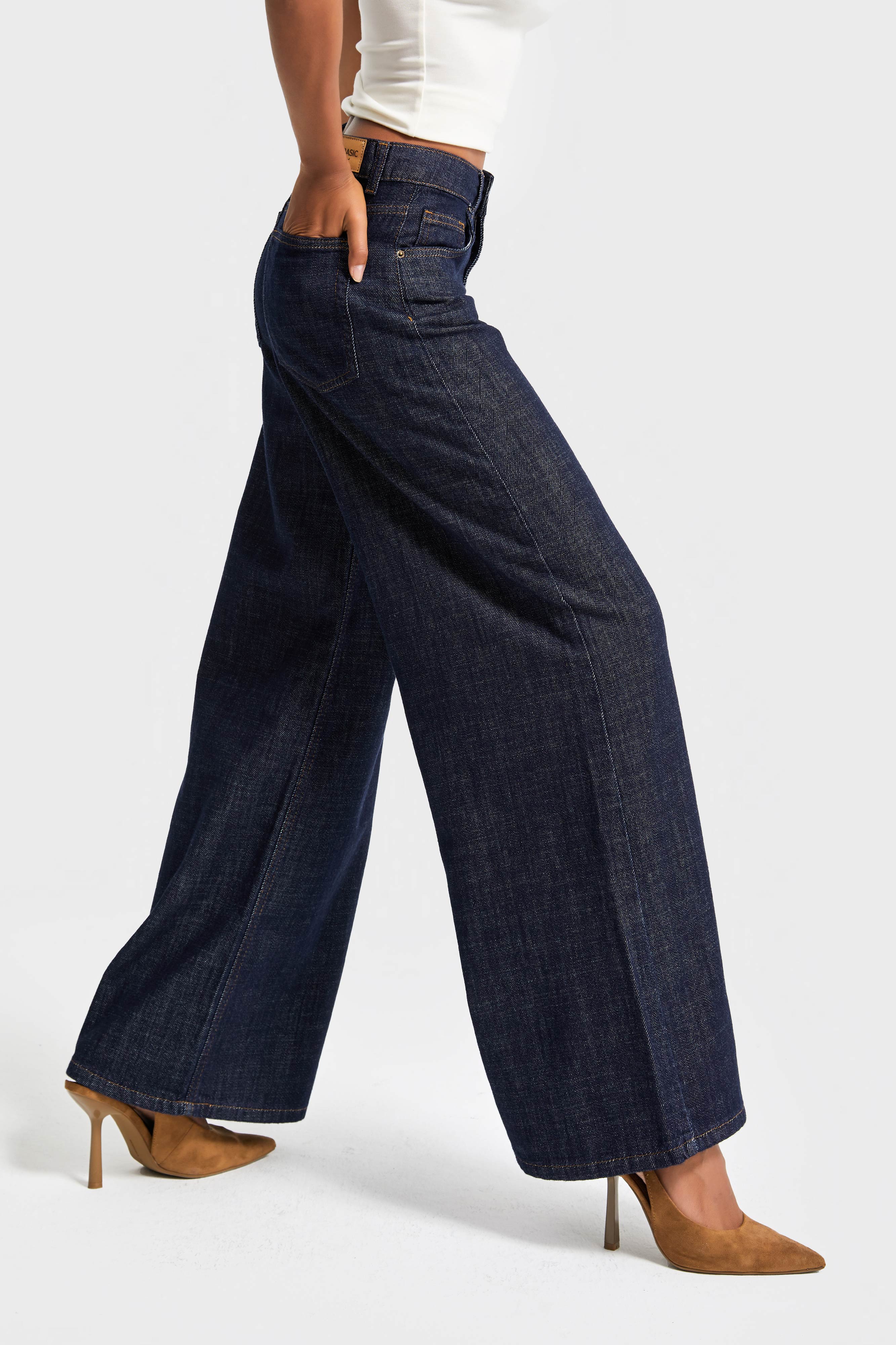 Kadın İndigo Renk 7w5-50 Palazzo Fit %100 Koton Dökümlü Kumaş Denim Jean