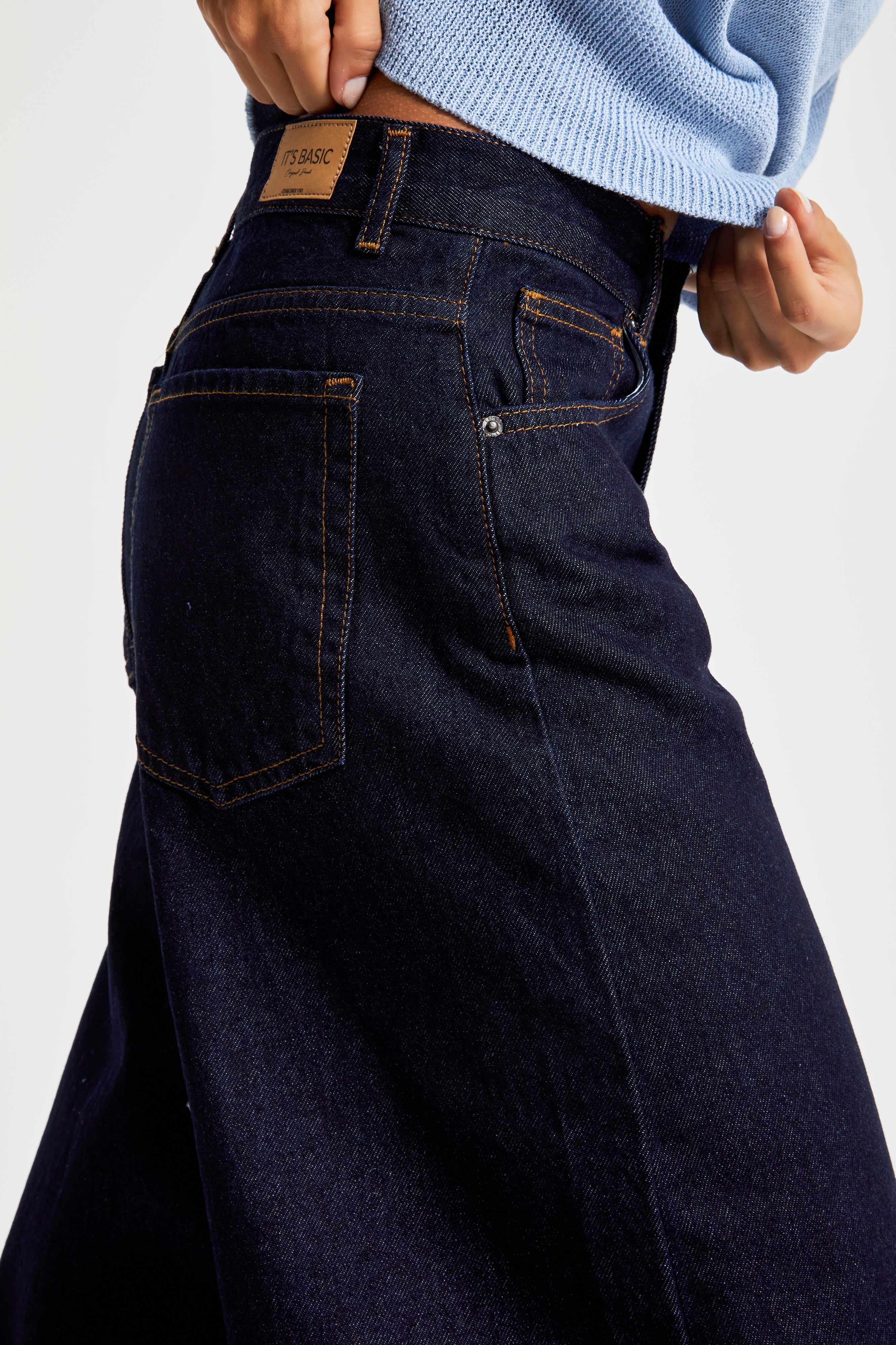 Kadın İndigo Renk 7w5-50 Palazzo Fit %100 Koton İç Boy 80cm Denim Jean