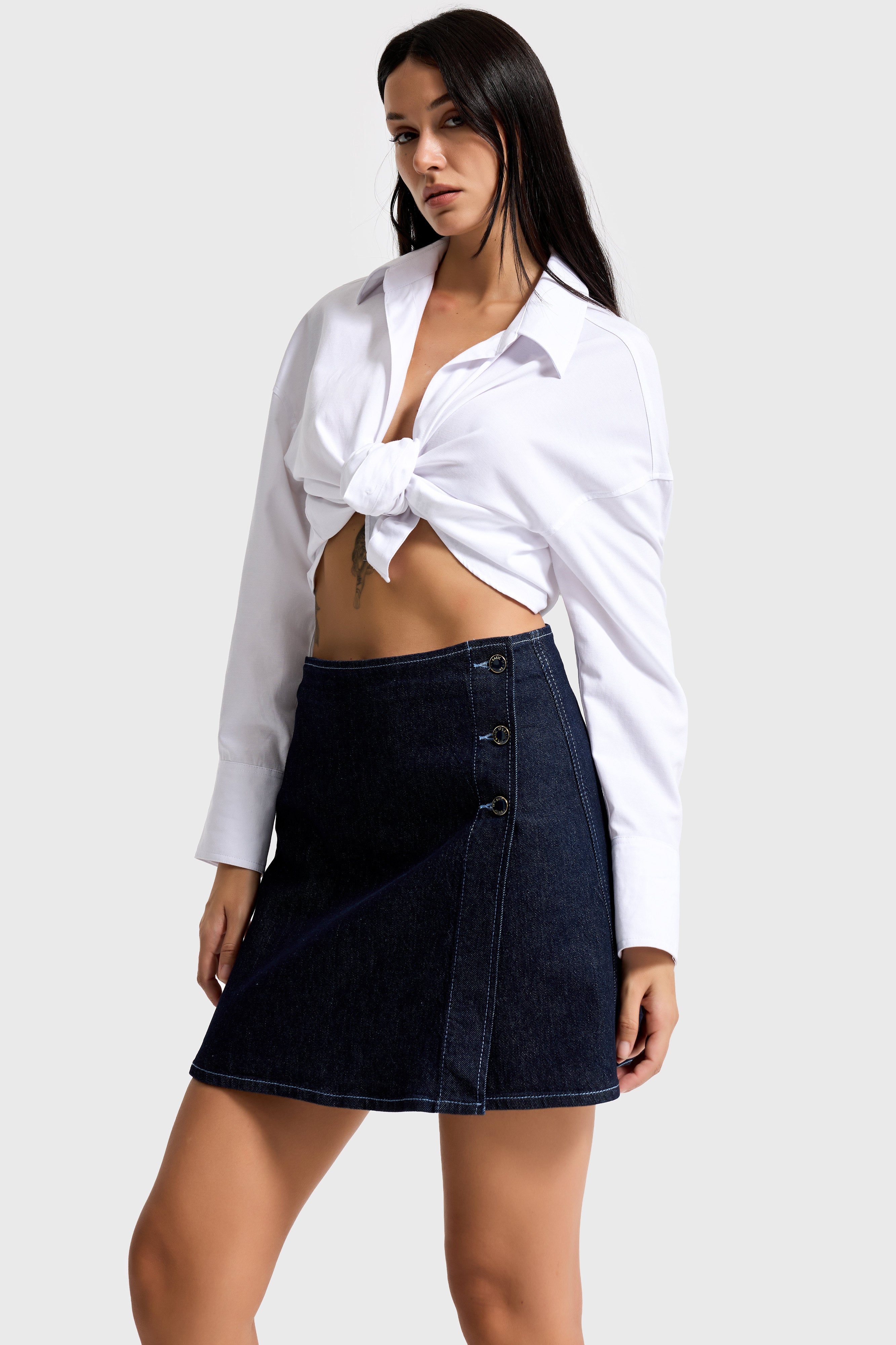 Kadın İndigo renk 7w5-50 Straight Fit Düğmeli Denim Şort Etek