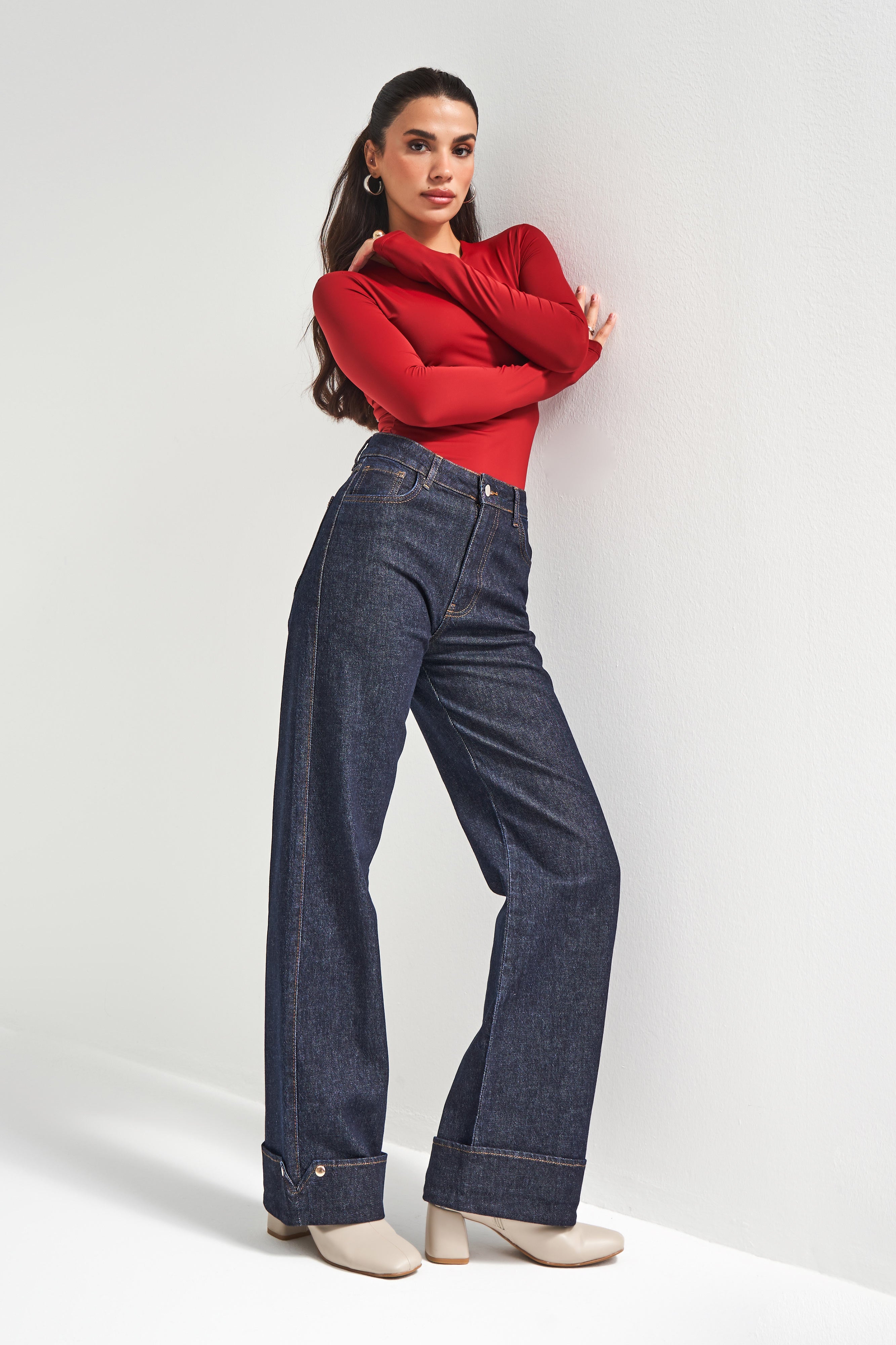 Kadın İndigo Renk 7w5-50 Straight Fit Yüksek Bel Paça Detaylı Özel Tasarım Denim Jean