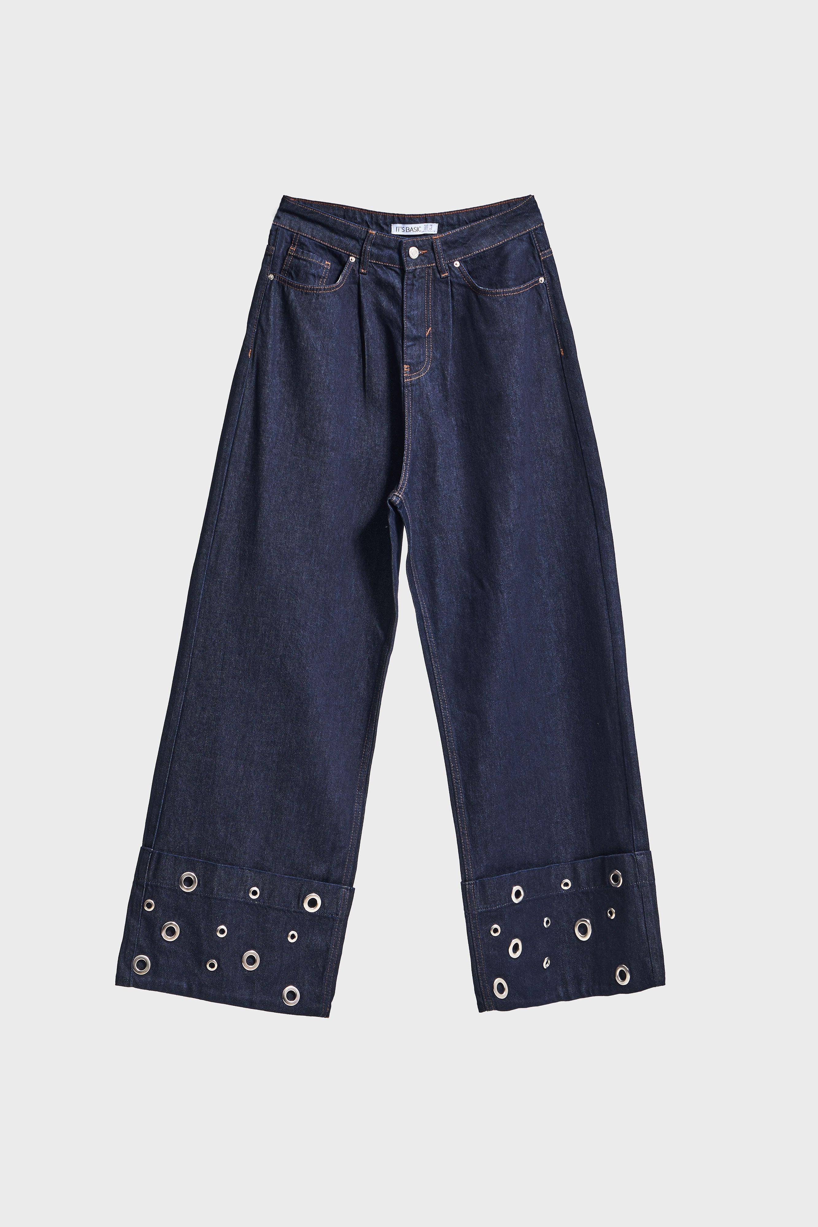 Kadın İndigo Renk 7w5-50 Süper Baggy Fit Özel Viskon Kumaş Kuş Gözü Detaylı Denim Jean