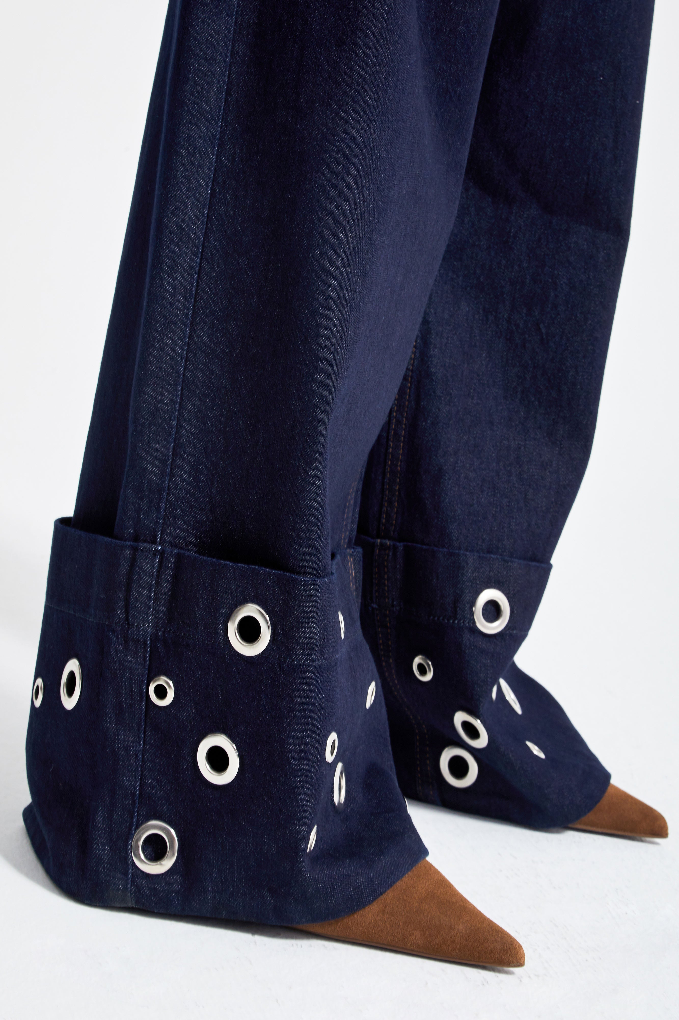 Kadın İndigo Renk 7w5-50 Süper Baggy Fit Özel Viskon Kumaş Kuş Gözü Detaylı Denim Jean