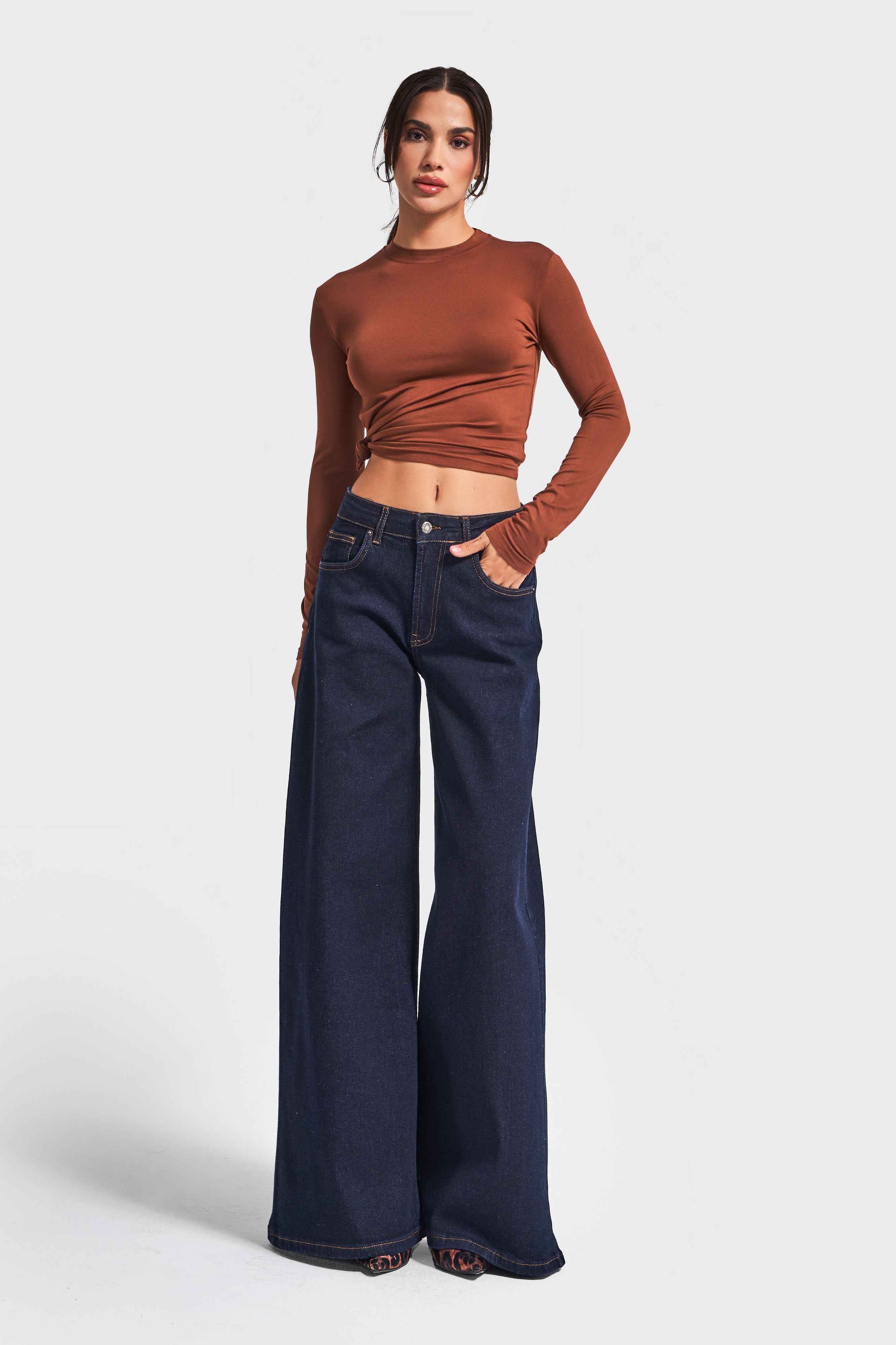 Women's Indigo Color 7w5-50 Super Palazzo Fit Flexible Elastane Fabric Denim Jeans