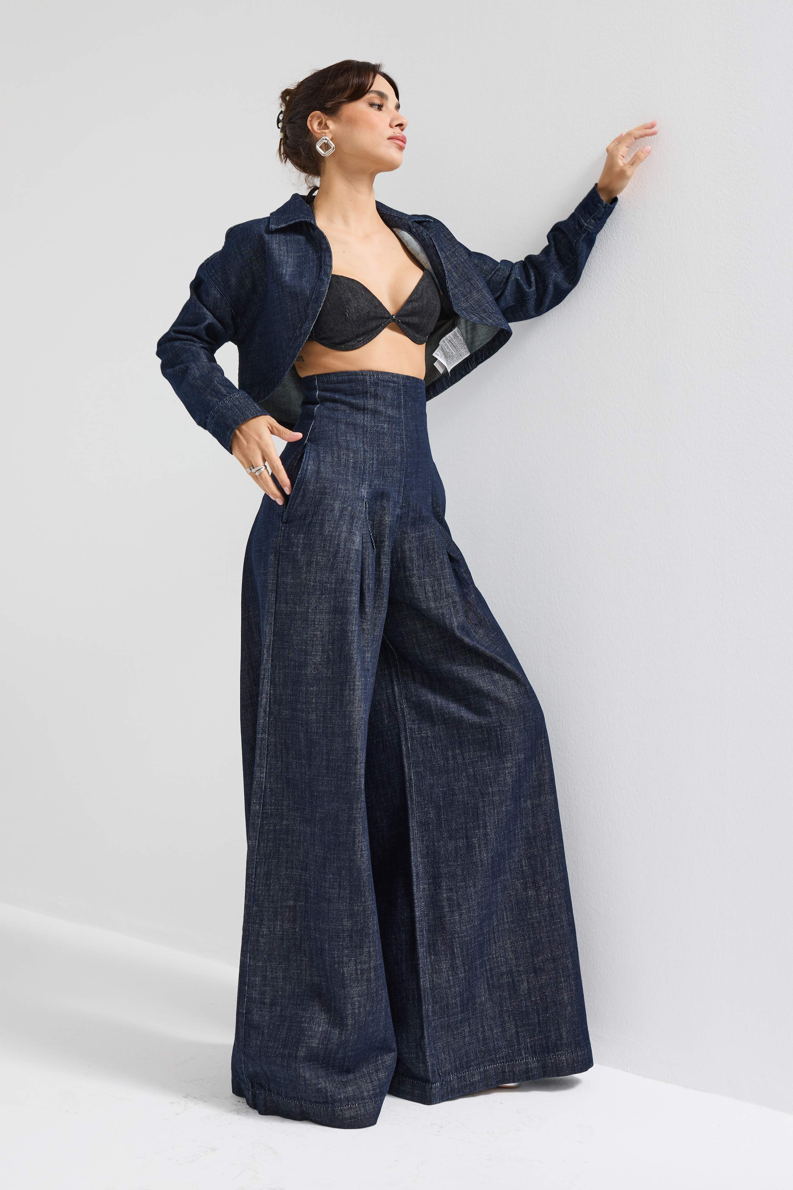 Kadın İndigo Renk 7w5-50 Süper Palazzo Fit Yüksek Bel Özel Tasarım Denim Jean