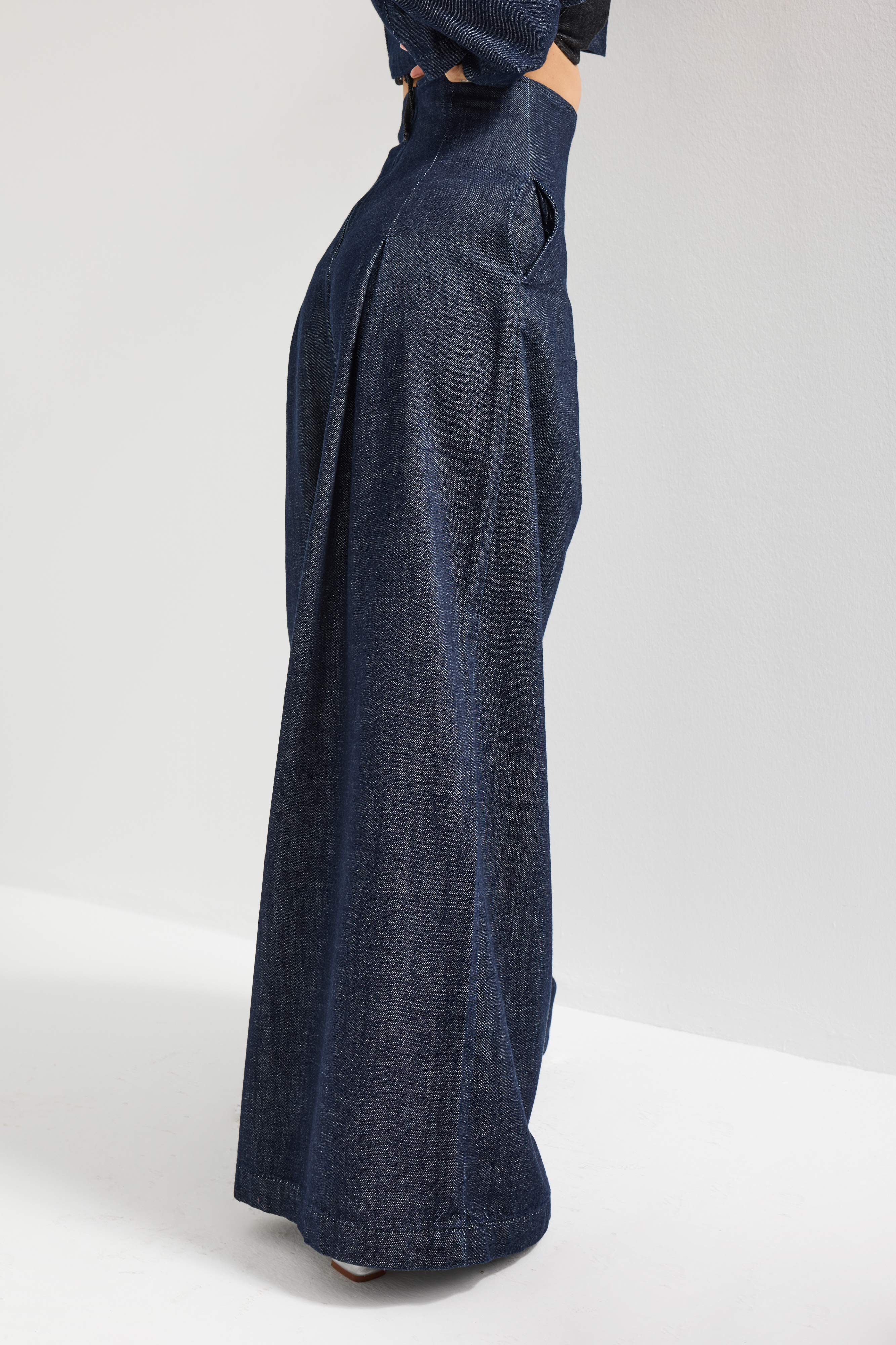 Kadın İndigo Renk 7w5-50 Süper Palazzo Fit Yüksek Bel Özel Tasarım Denim Jean