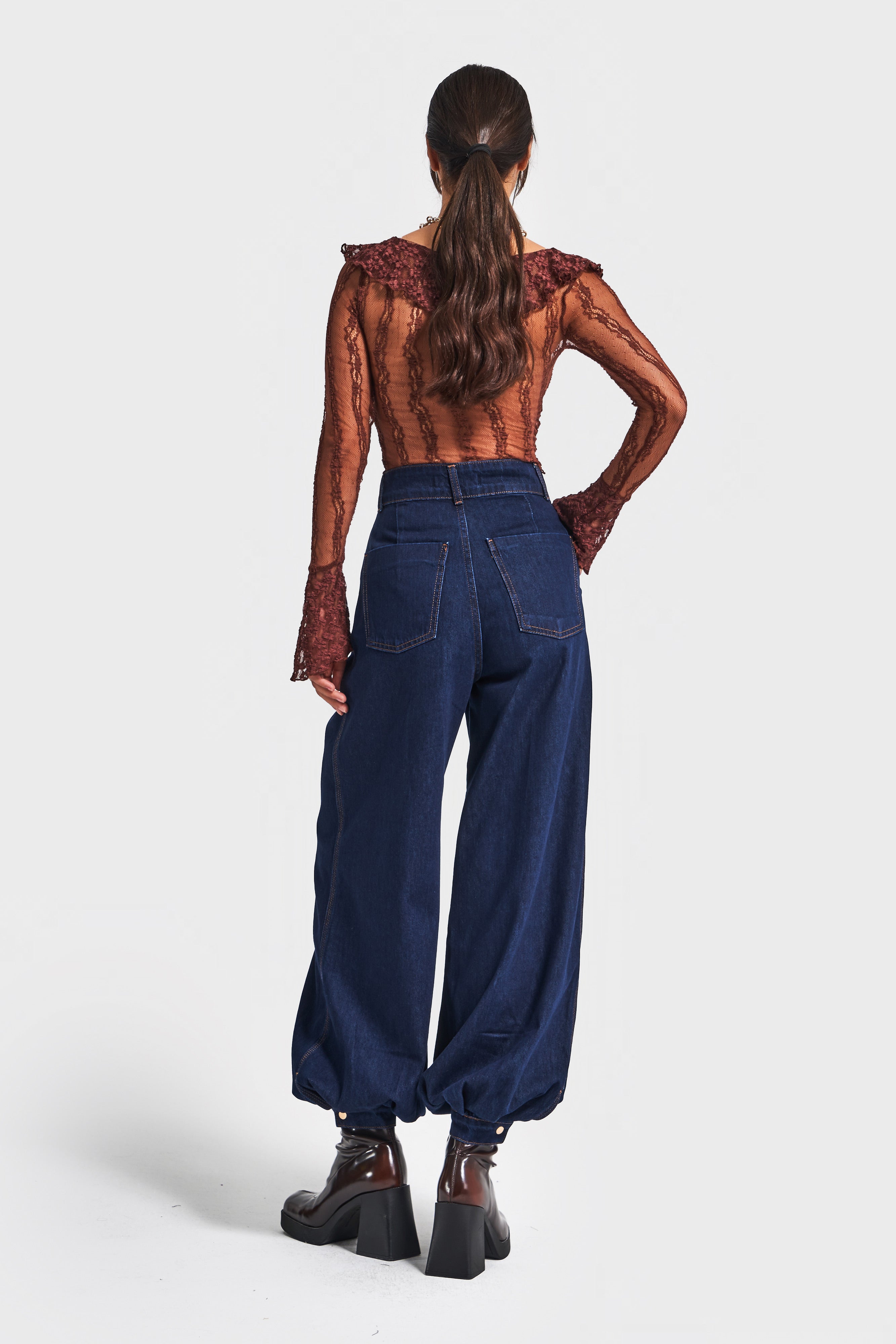 Kadın İndigo Renk 7w5-50 Wide Leg Baggy Fit Paça Detaylı Bol Kesim Tasarım Denim Jean