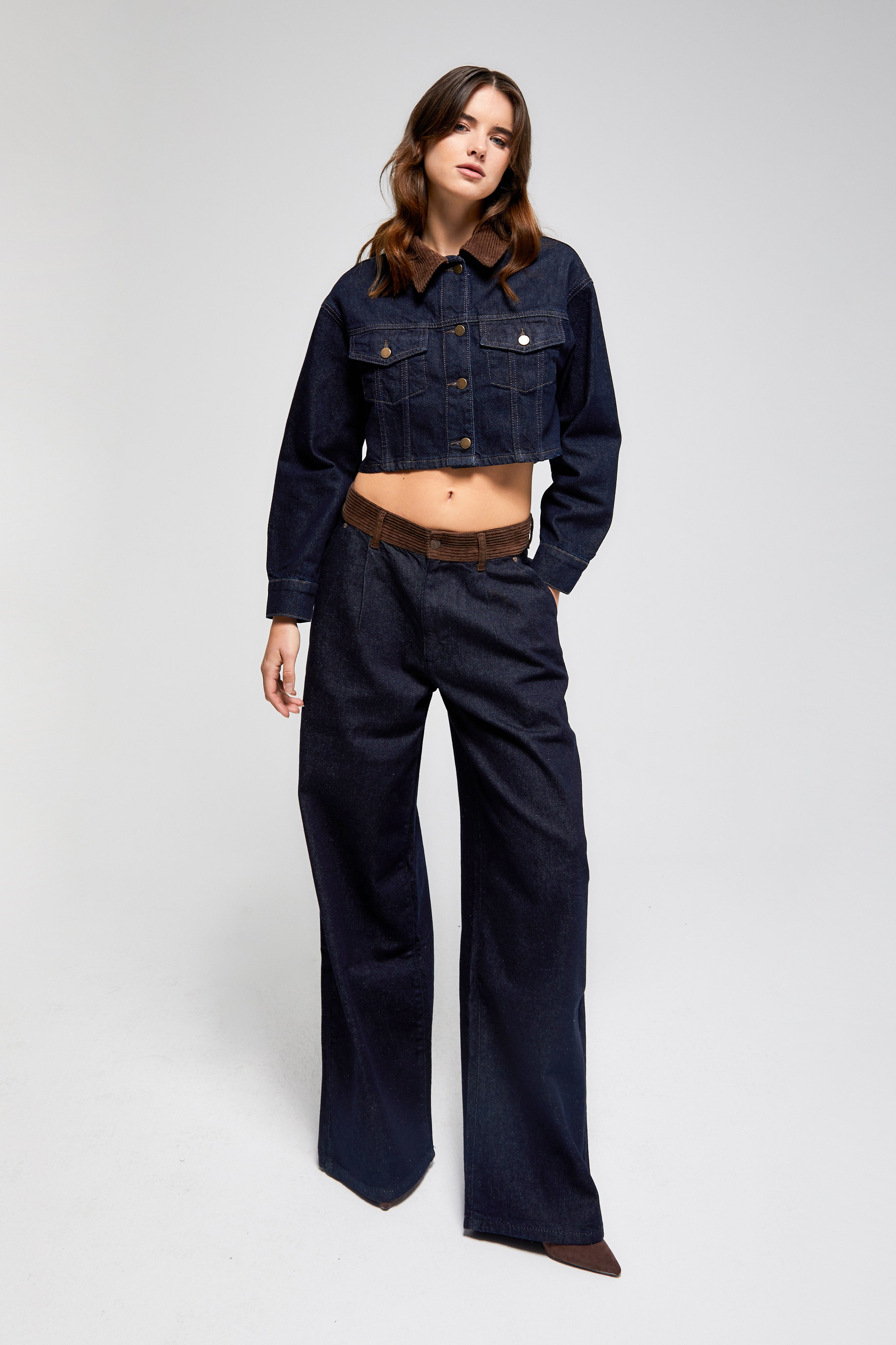 Kadın İndigo Renk 7w5-50 Wide Leg Palazzo Fit Kemer Detaylı %100 Koton Özel Tasarım Denim Jean