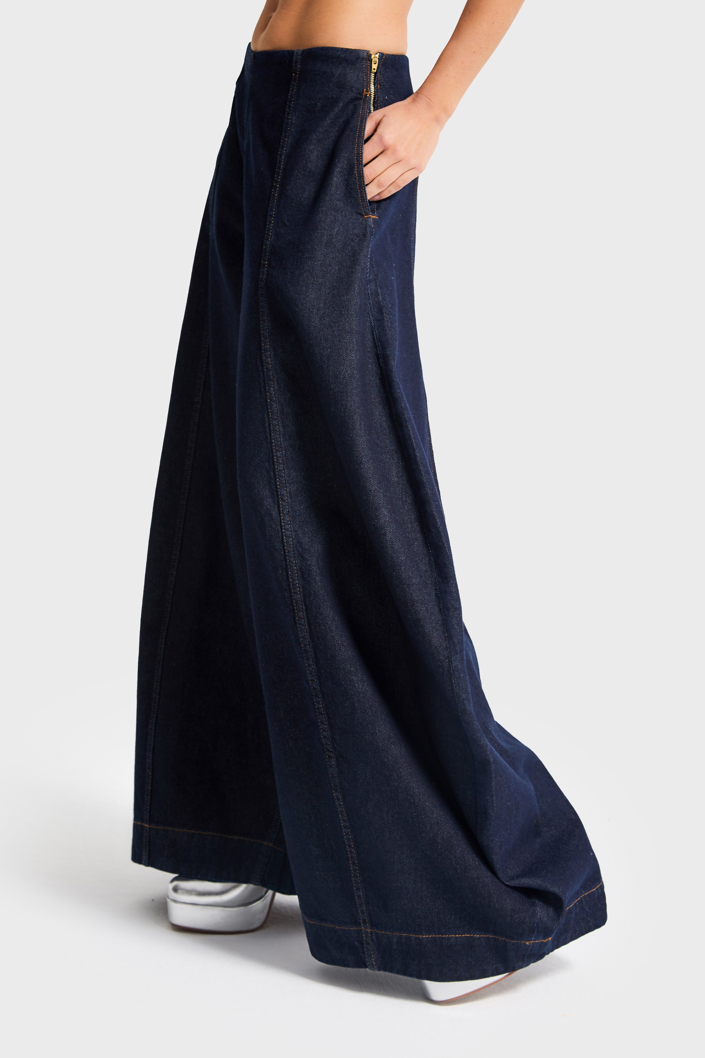 Kadın İndigo Renk 7w5-50 Yüksek Bel Palazzo Balon Fit %100 Koton Özel Tasarım Denim Jean