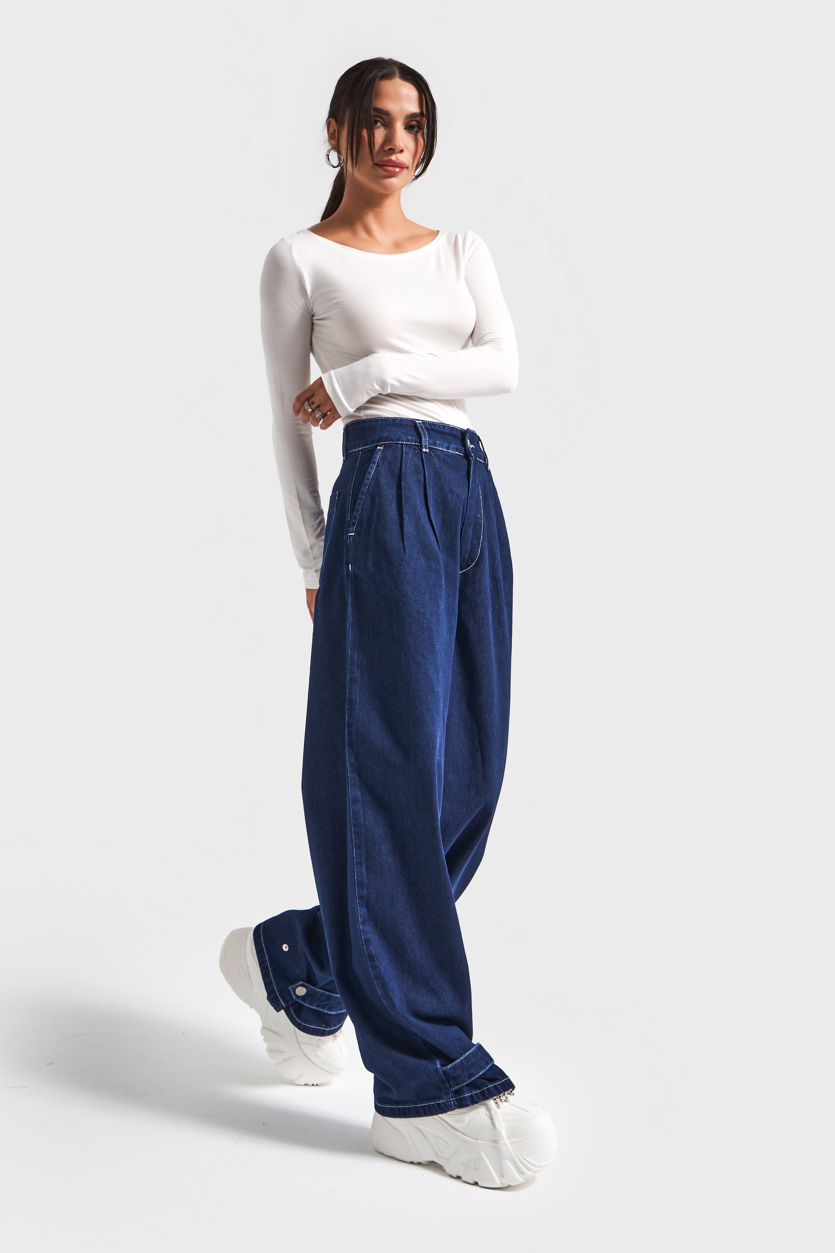Kadın İndigo Renk 8w5-7 Yüksek Bel Wide Leg Bol Kesim Paça Detaylı Tasarım Denim Jean