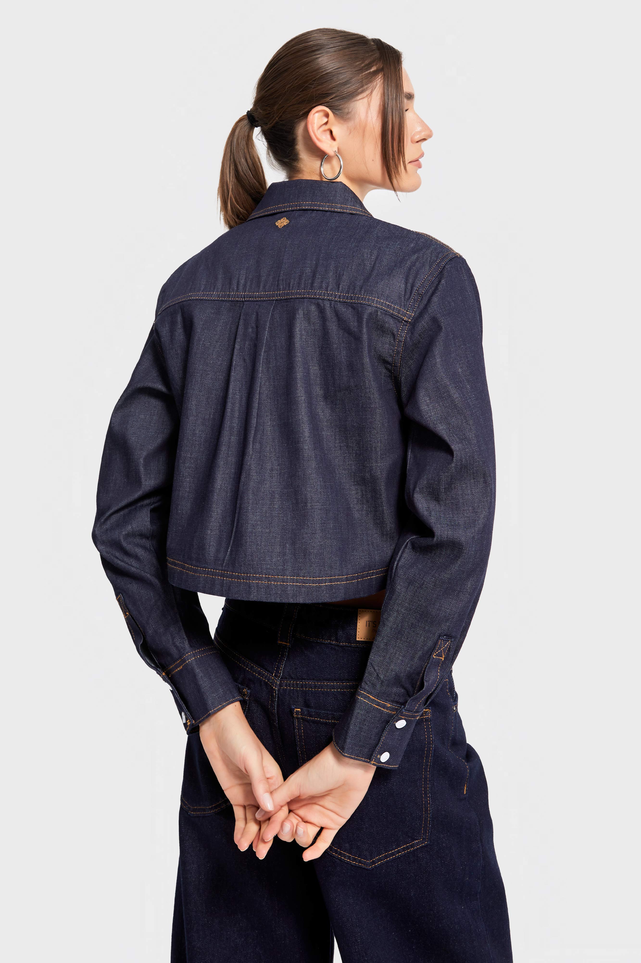 Kadın İndigo Renk cc01 7s5-50 Crop Fit Önü Düğmeli %100 Organik Denim Kumaş Gömlek