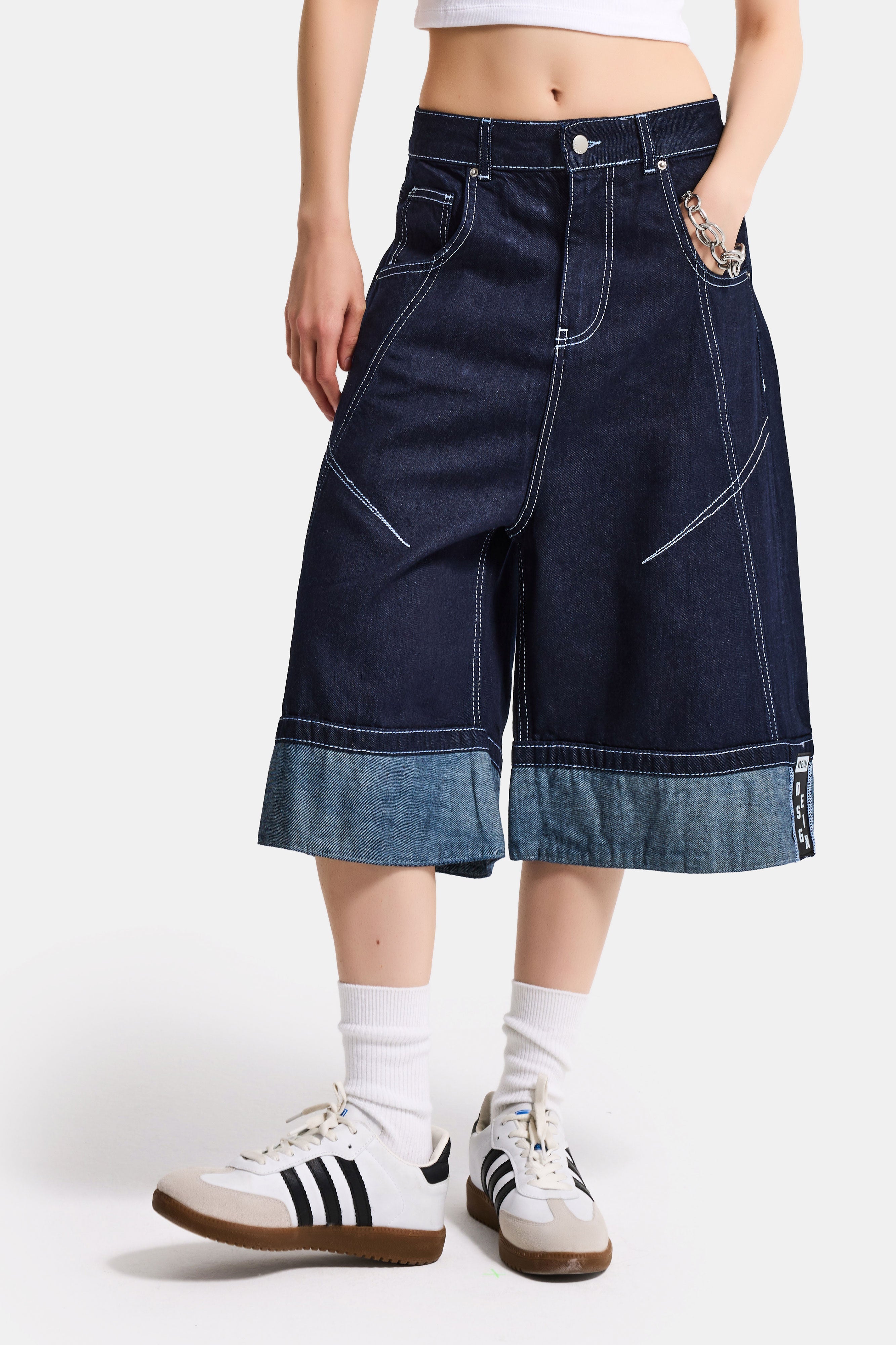 Kadın İndigo Selvedge 7s6-50 Baggy Fit Maxi Boy Özel Tasarım Denim Bermuda Şort