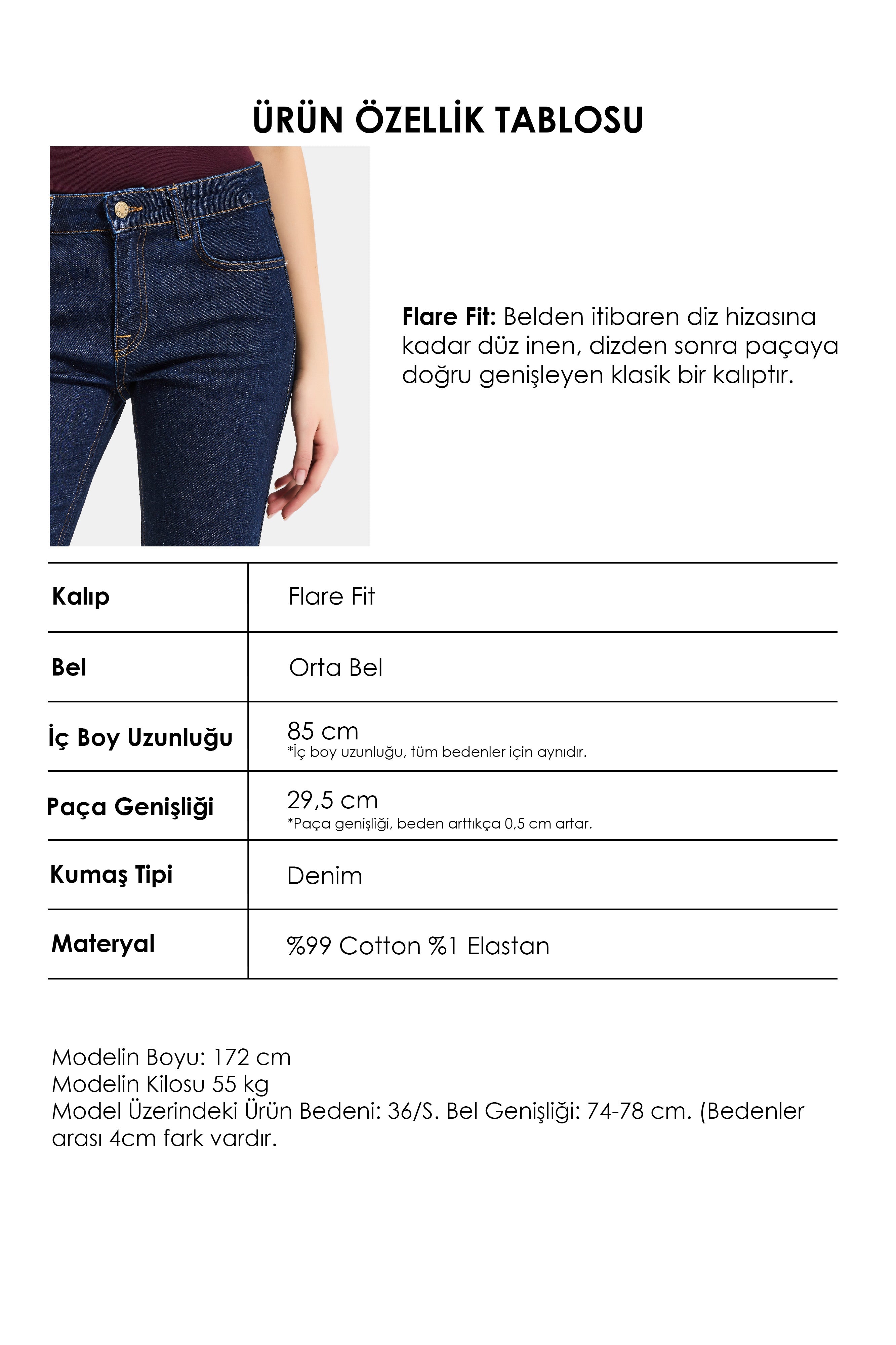 Kadın İndigo Selvedge 7s6-50 Flare Fit Esnek Kumaş Denim Jean