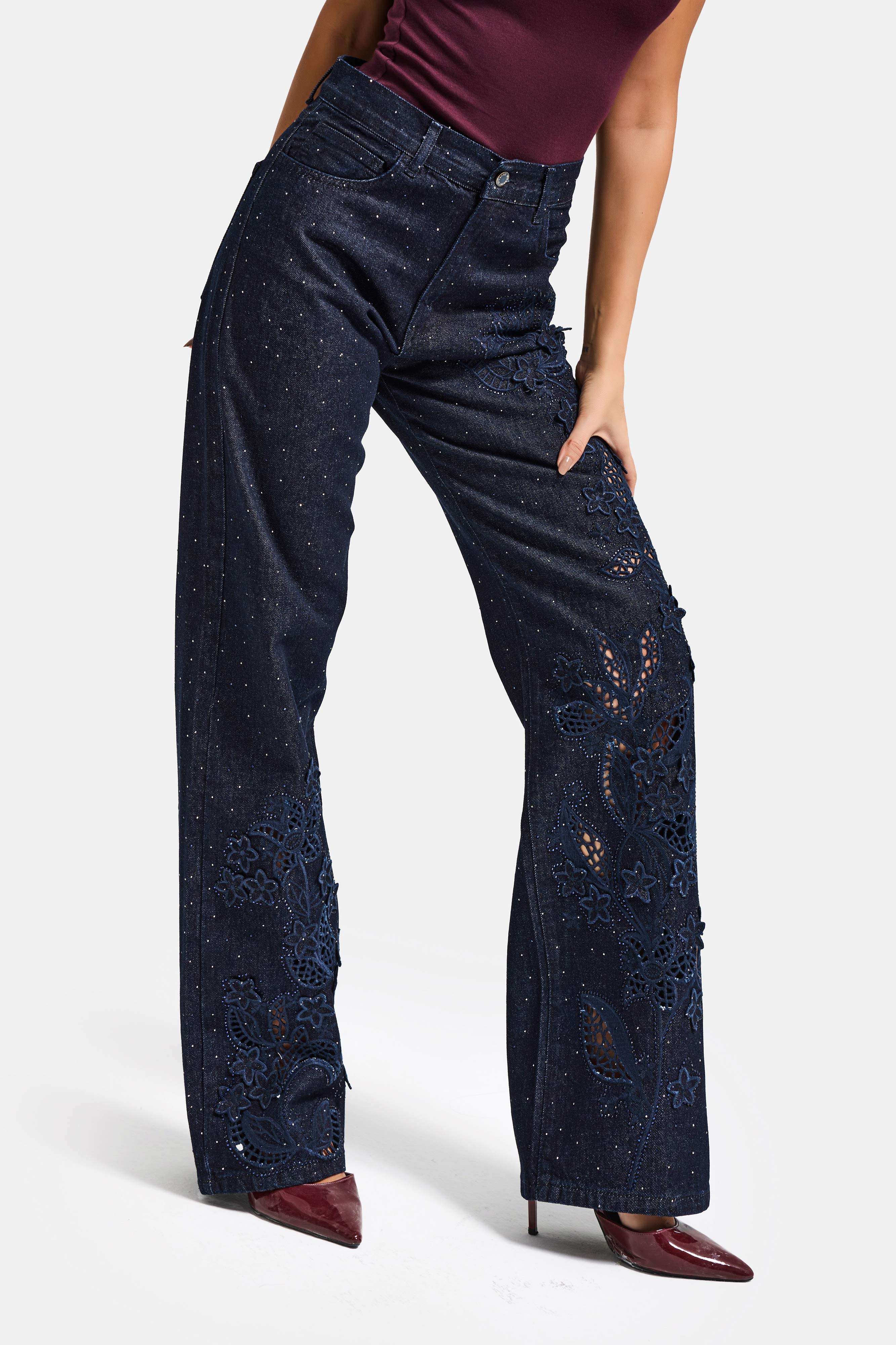 Kadın İndigo Selvedge T-7s6-50 Loose Fit Nakış Dantel Desenli Özel Tasarım Denim Jean