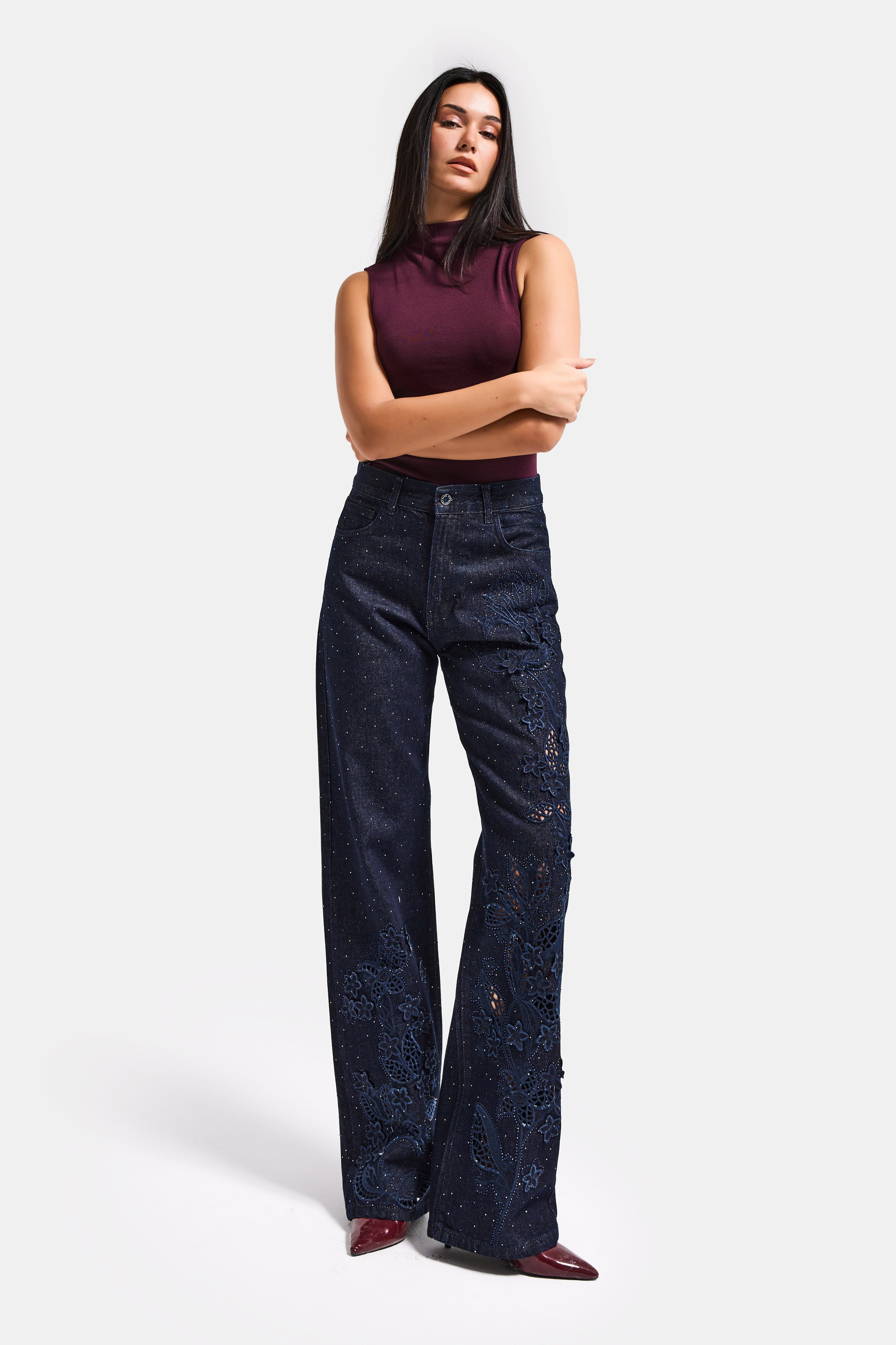 Kadın İndigo Selvedge T-7s6-50 Loose Fit Nakış Dantel Desenli Özel Tasarım Denim Jean