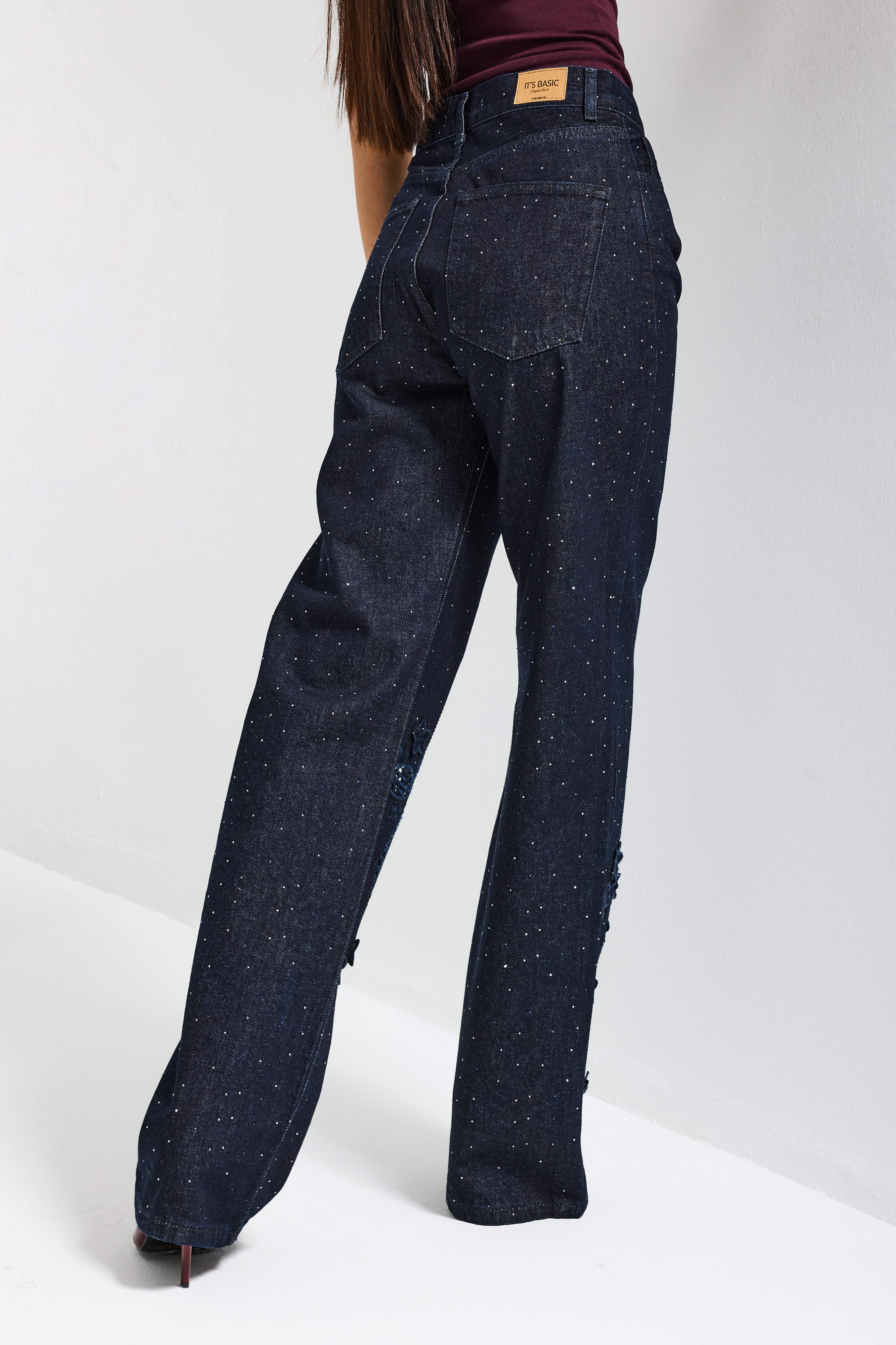 Kadın İndigo Selvedge T-7s6-50 Loose Fit Nakış Dantel Desenli Özel Tasarım Denim Jean