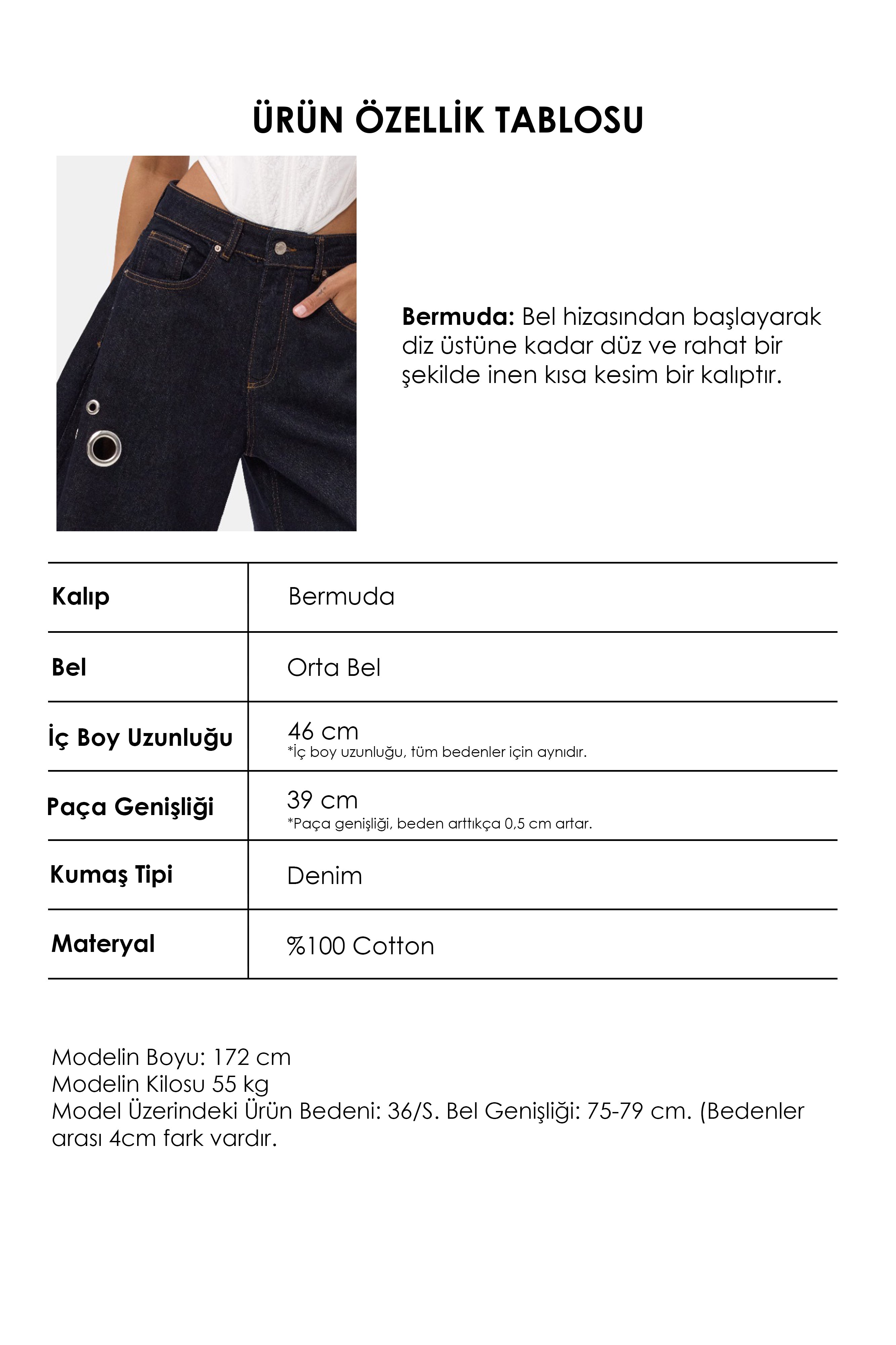 Kadın İndigo Selvedge 7s6-50 Maxi Boy Tasarım Bermuda Şort
