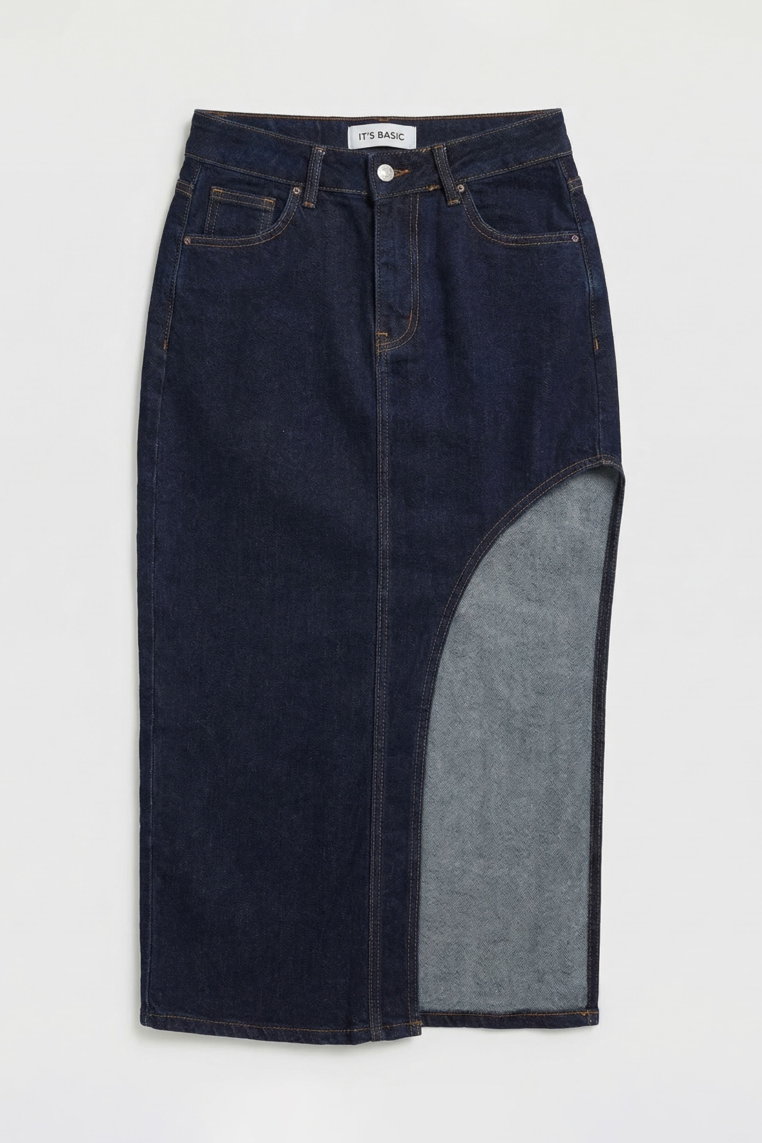 Kadın İndigo Selvedge 7s6-50 Maxi Yandan Yırtmaç Detaylı Tasarım Likralı Kumaş Denim Etek