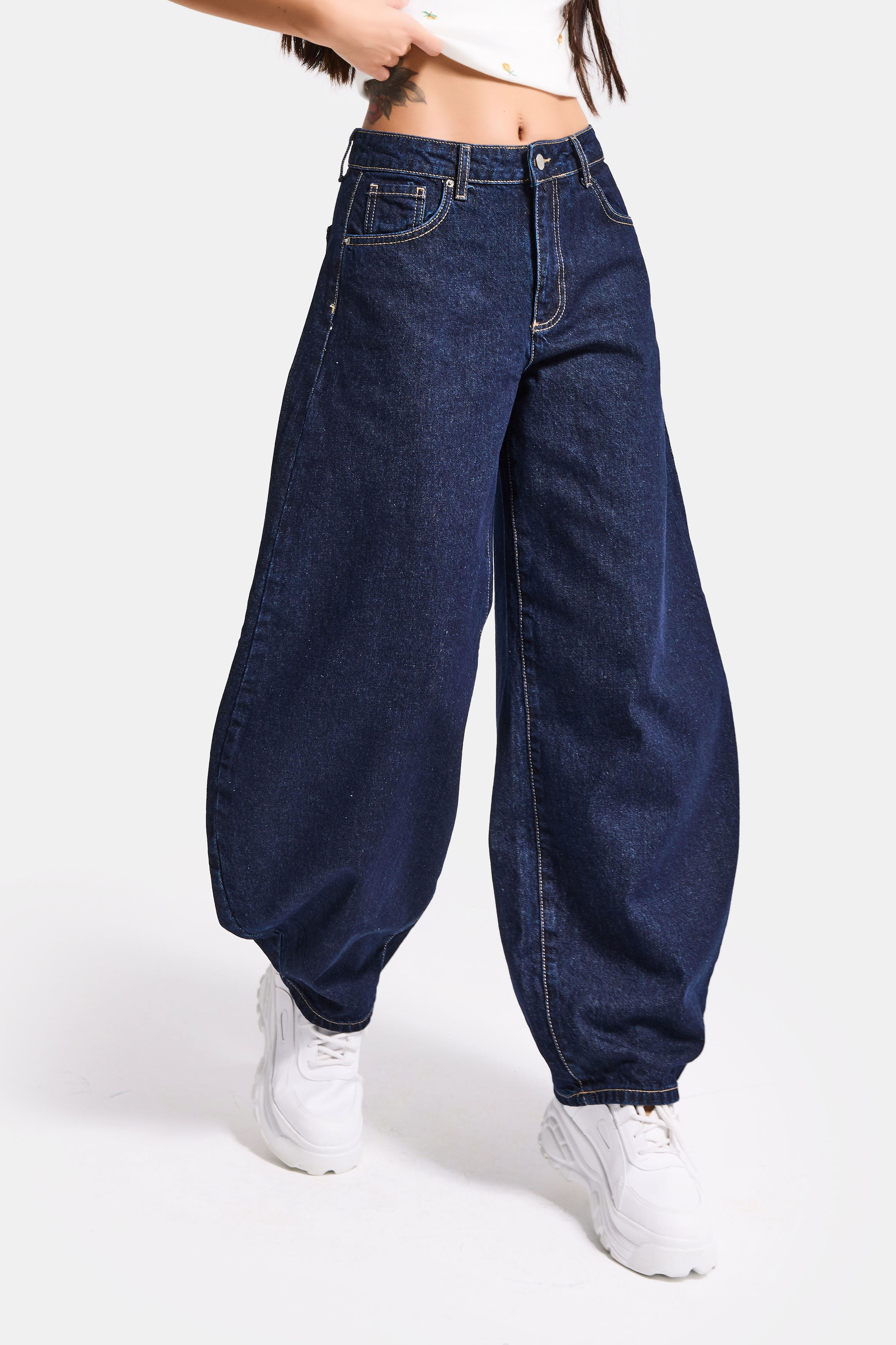 Kadın İndigo Selvedge 7s6-50 Mega Balon Fit %100 Koton Denim Jean