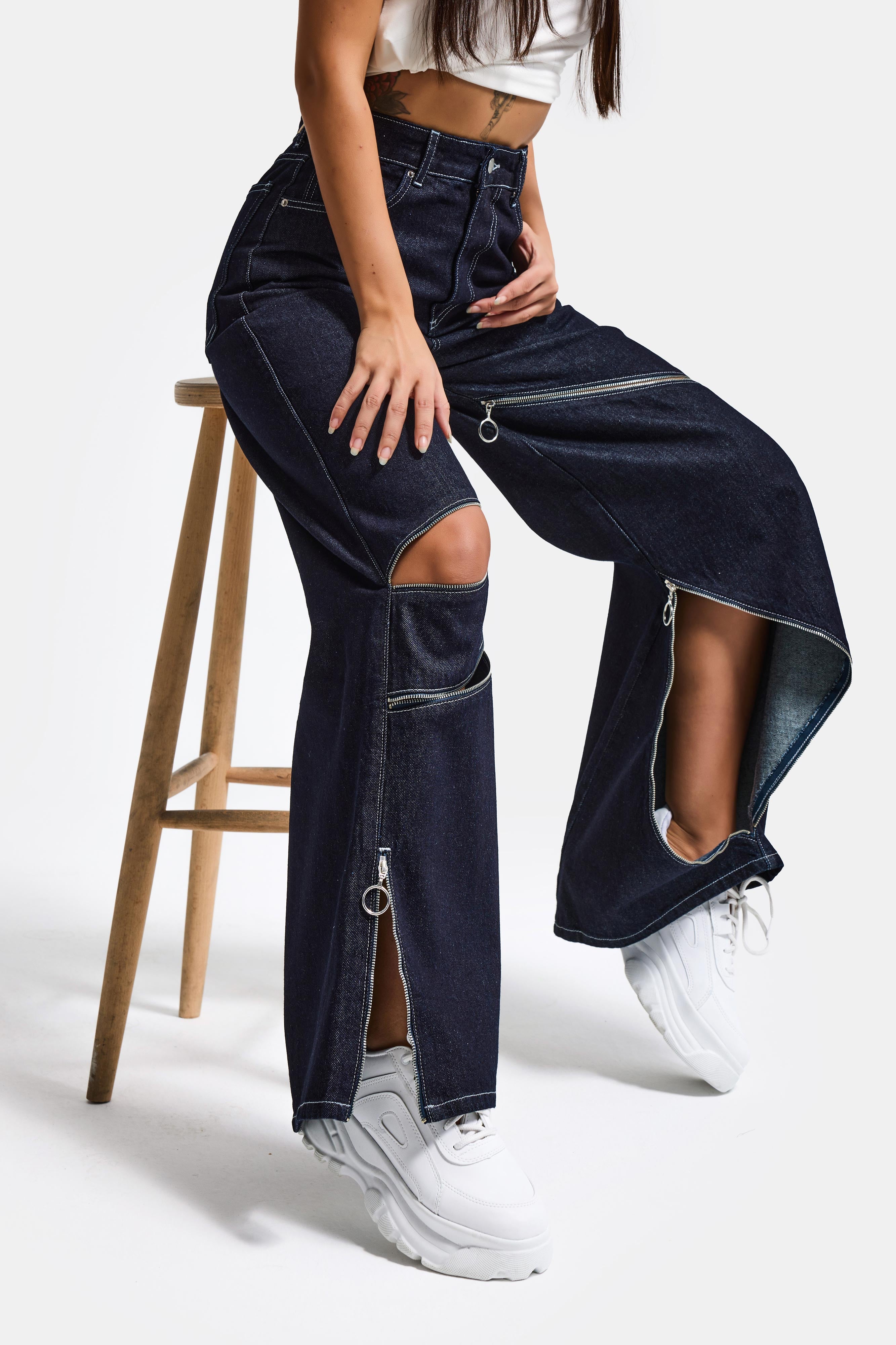 Kadın İndigo Selvedge 7s6-50 Süper Baggy Fit Fermuar Detaylı Özel Tasarım Denim Jean