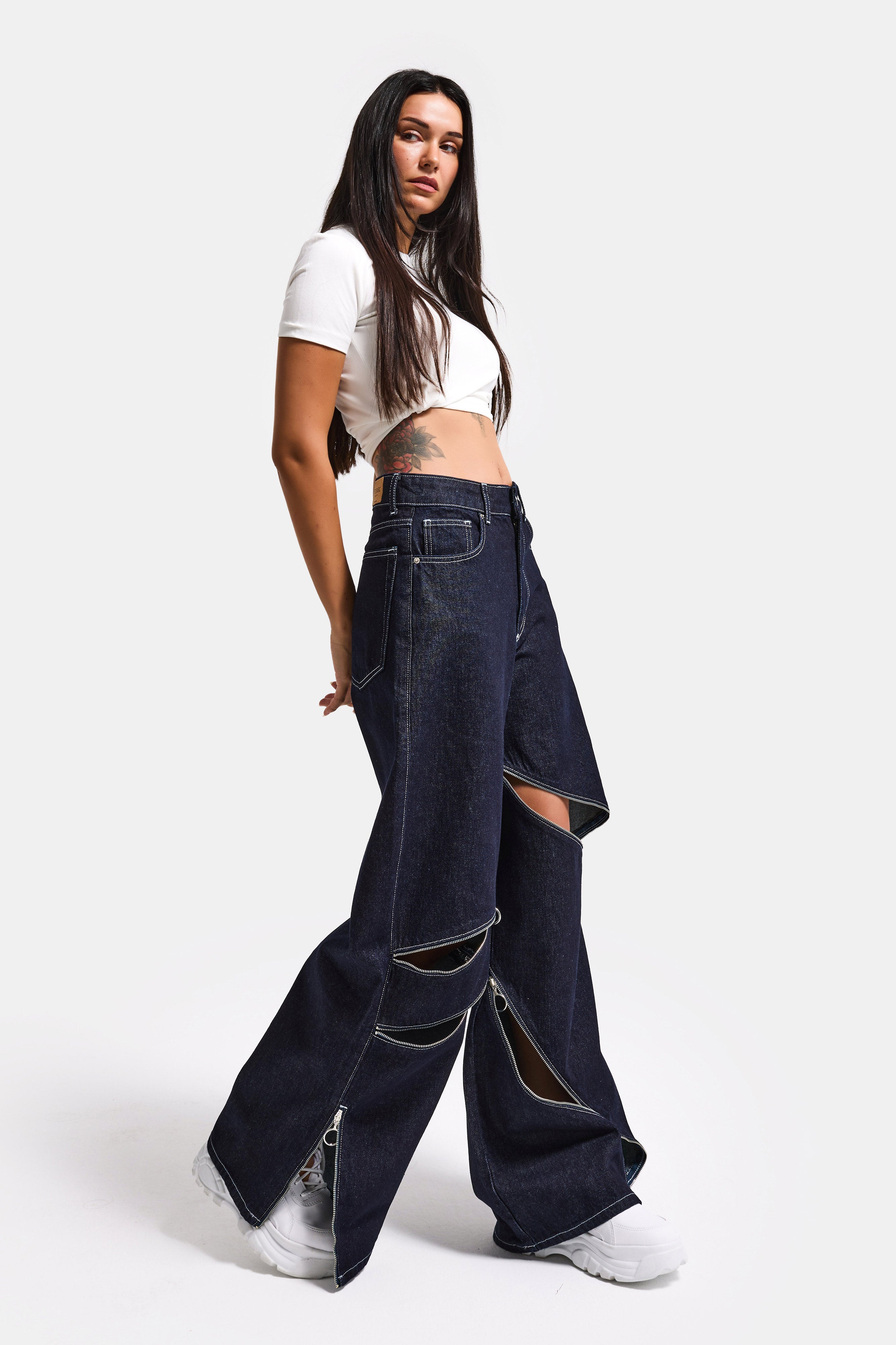 Kadın İndigo Selvedge 7s6-50 Süper Baggy Fit Fermuar Detaylı Özel Tasarım Denim Jean