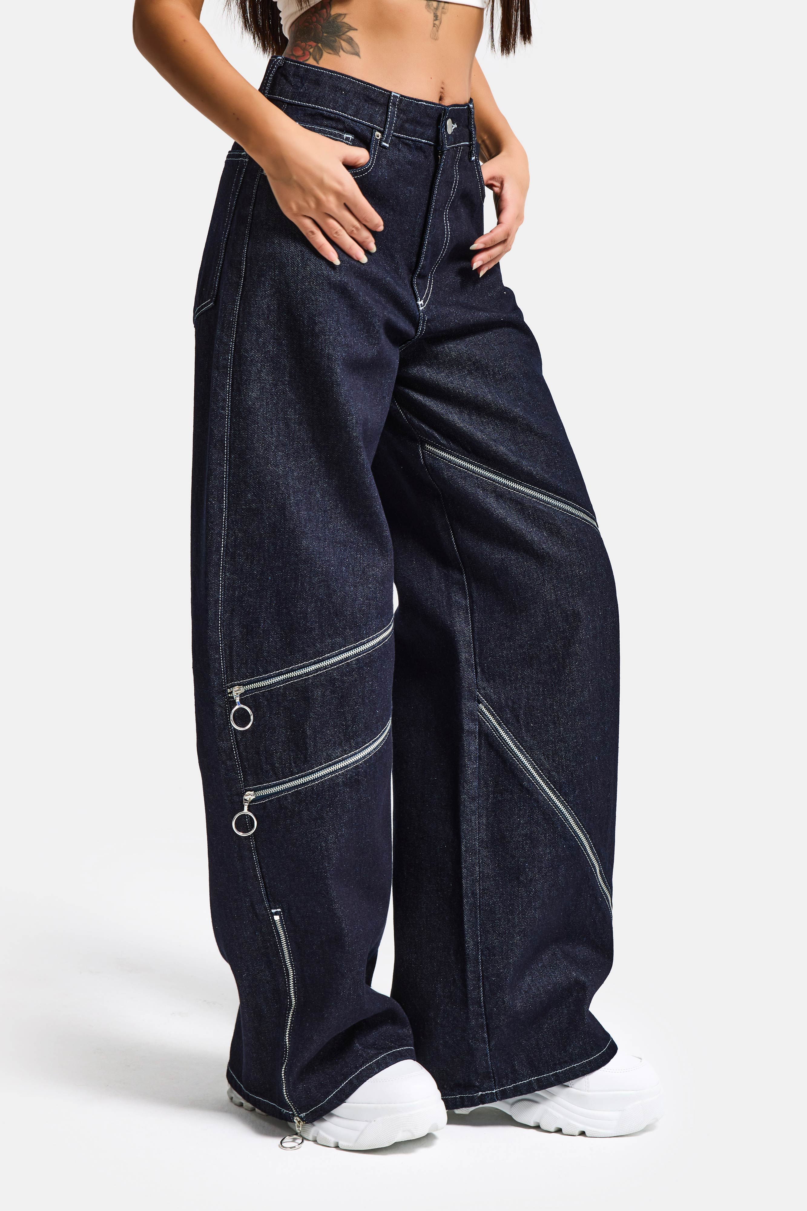 Kadın İndigo Selvedge 7s6-50 Süper Baggy Fit Fermuar Detaylı Özel Tasarım Denim Jean