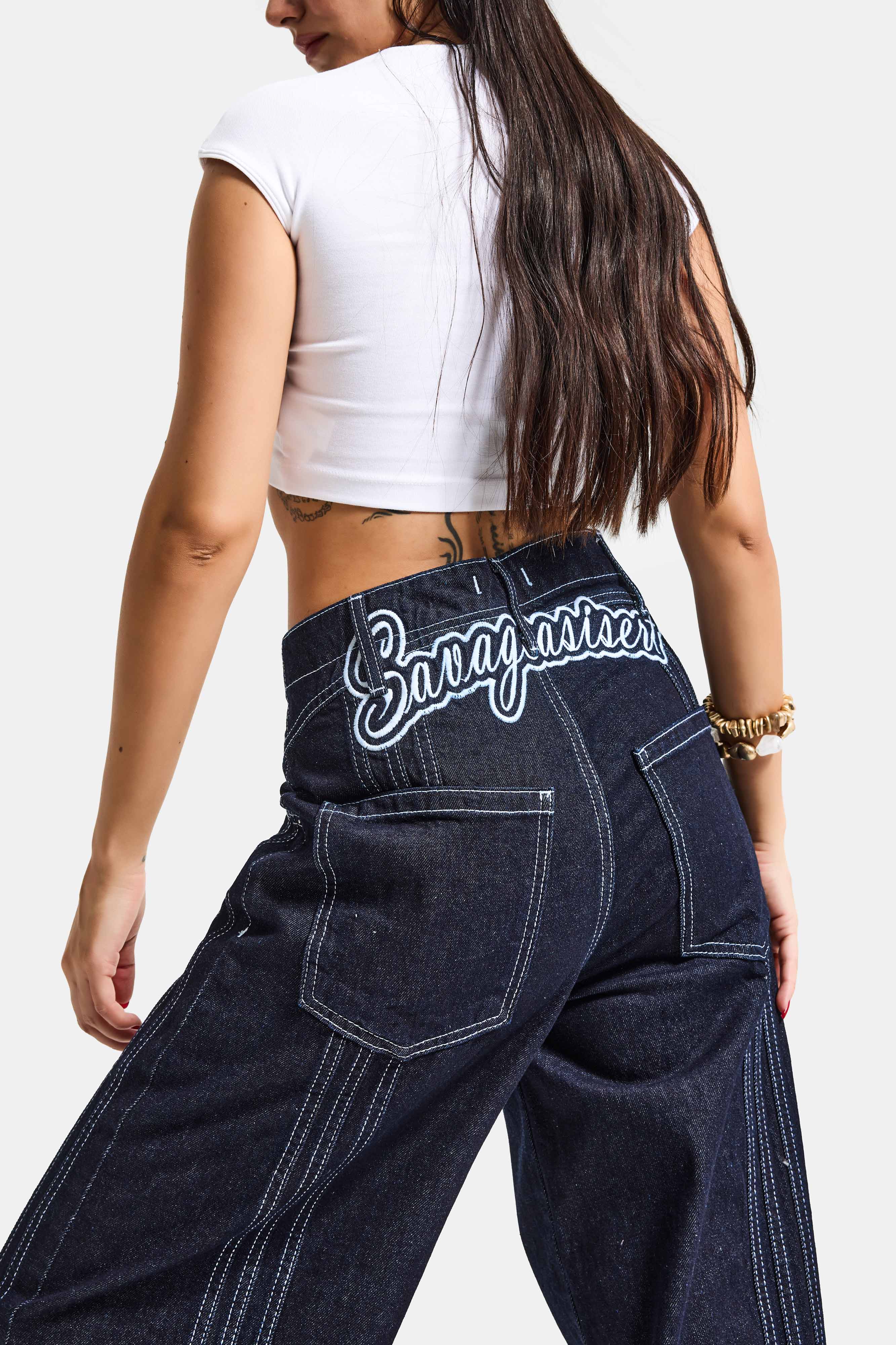 Kadın İndigo Selvedge 7s6-50 Süper Baggy Fit Nakışlı Tasarım Denim Jean