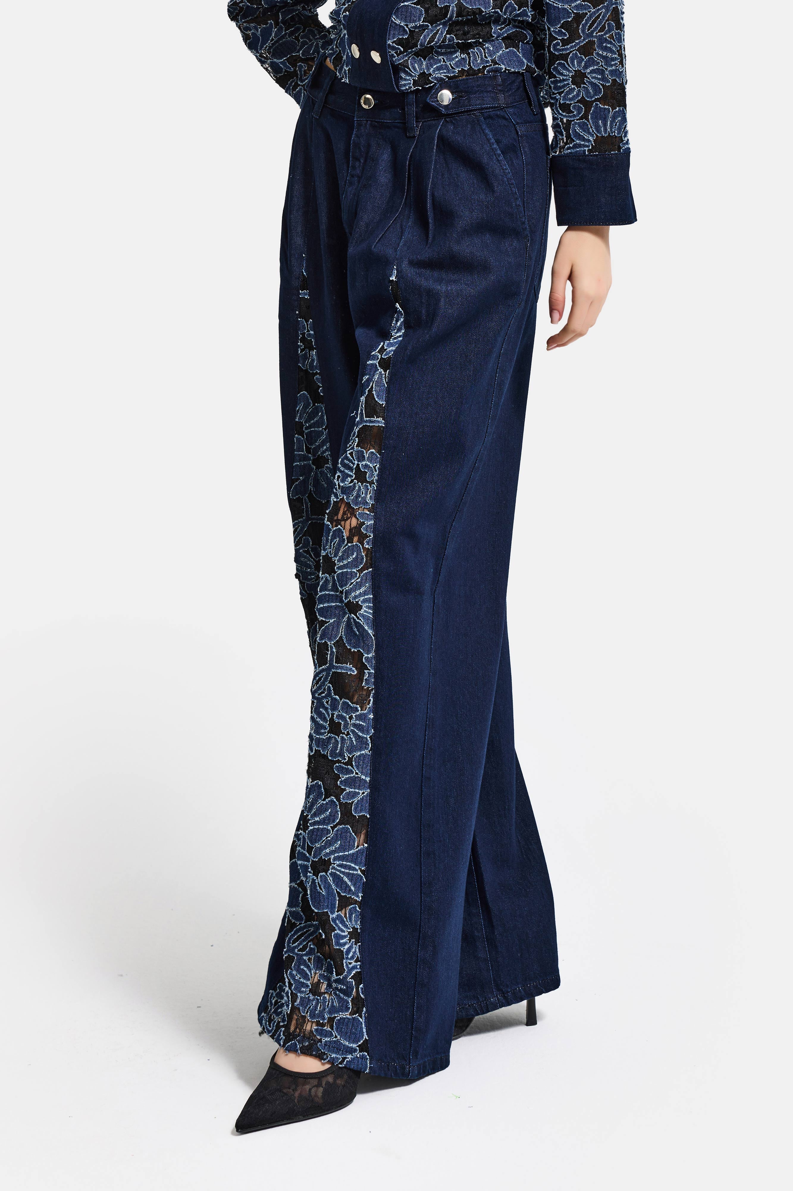 Kadın İndigo Selvedge 7s6-50 Wide Leg Dantel Nakış Detaylı Özel Tasarım Denim Jean