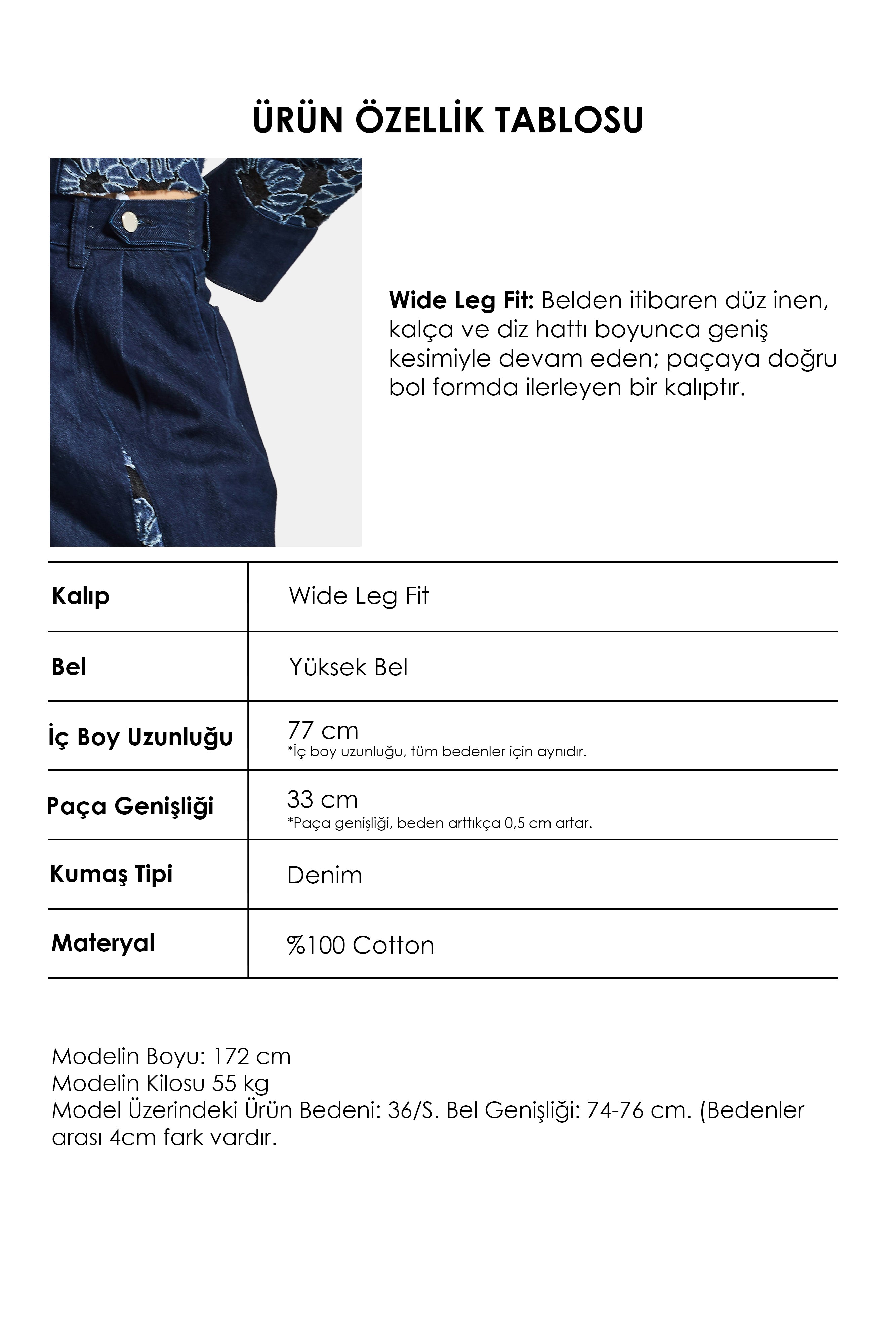 Kadın İndigo Selvedge 7s6-50 Wide Leg Dantel Nakış Detaylı Özel Tasarım Denim Jean