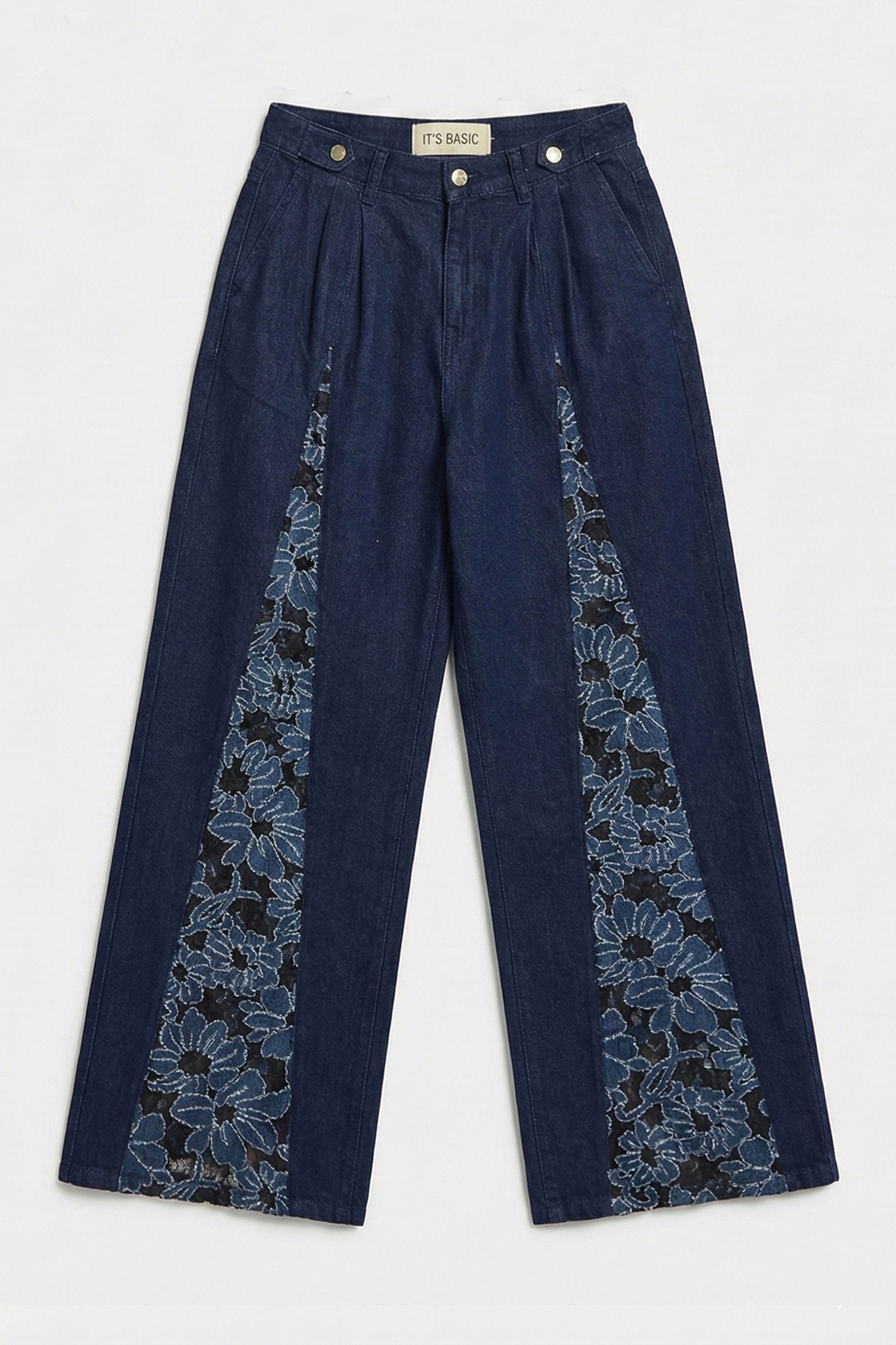 Kadın İndigo Selvedge 7s6-50 Wide Leg Dantel Nakış Detaylı Özel Tasarım Denim Jean