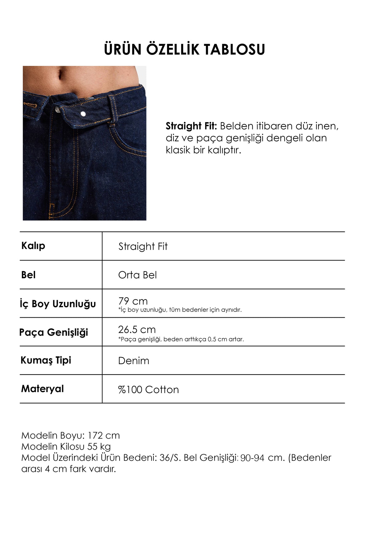 Kadın İndigo Selvedge 7w6-50 Straight Fit Kemer Detaylı Denim Jean