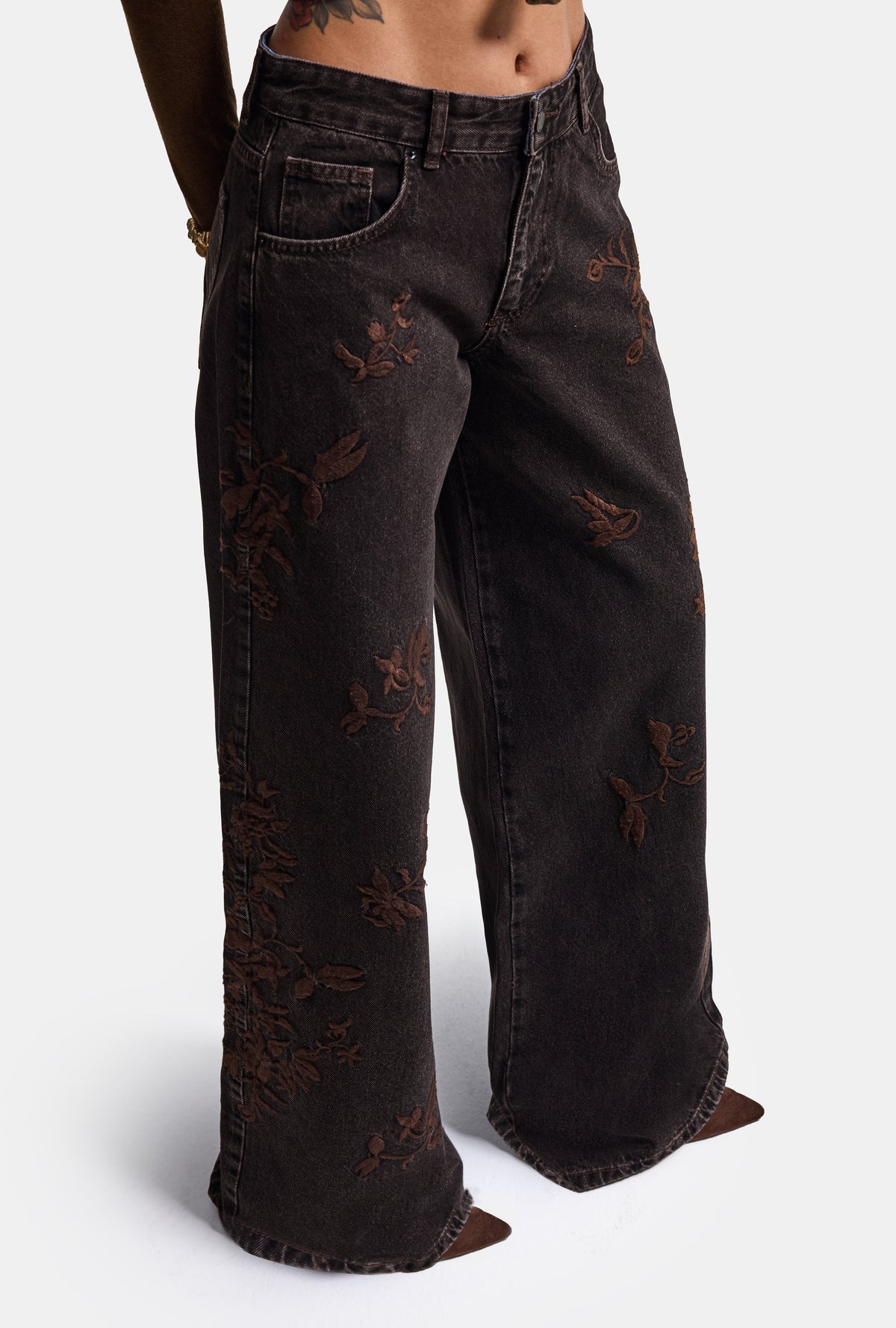 Kadın Kahve 3w6-156 Palazzo Fit Özel Desen Nakış Detaylı Tasarım Denim Jean