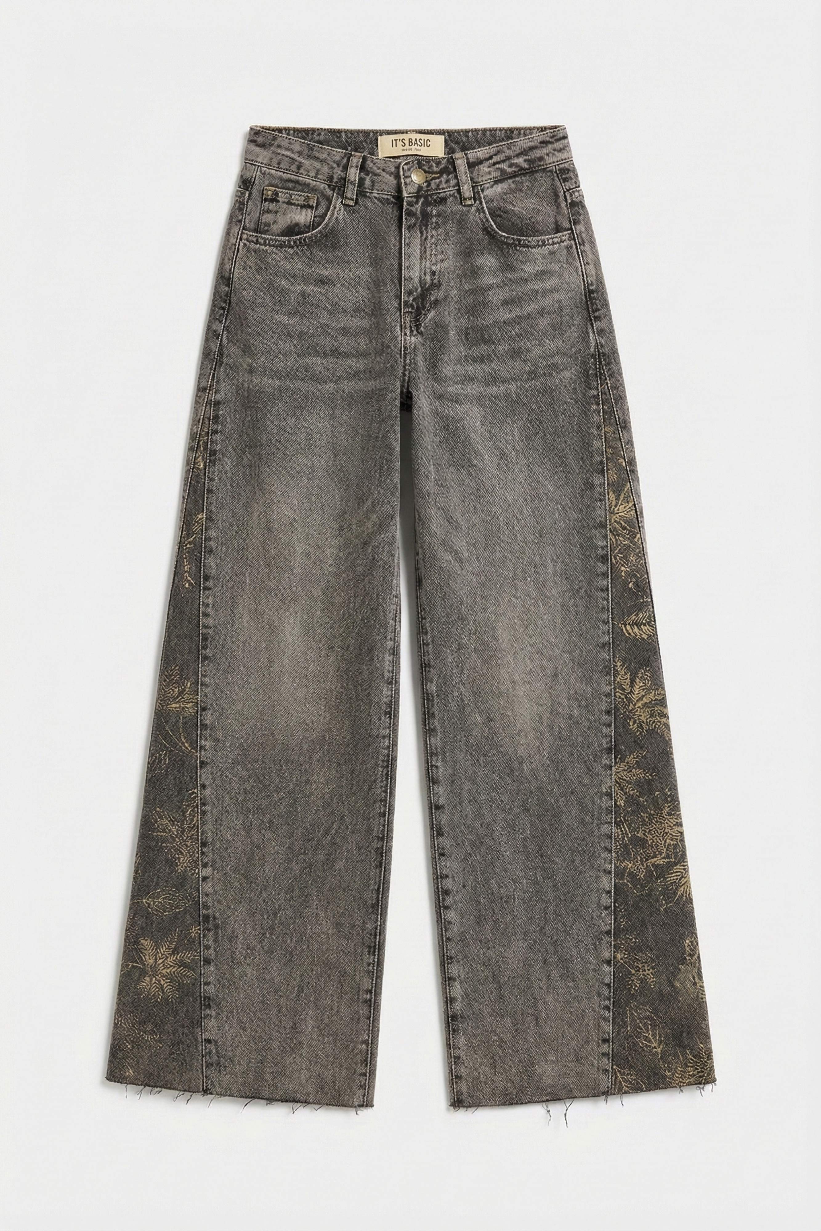 Kadın Kahve 4s6-16 Palazzo Fit Paça Desen Çiçek Nakışlı Özel Tasarım Denim Jean